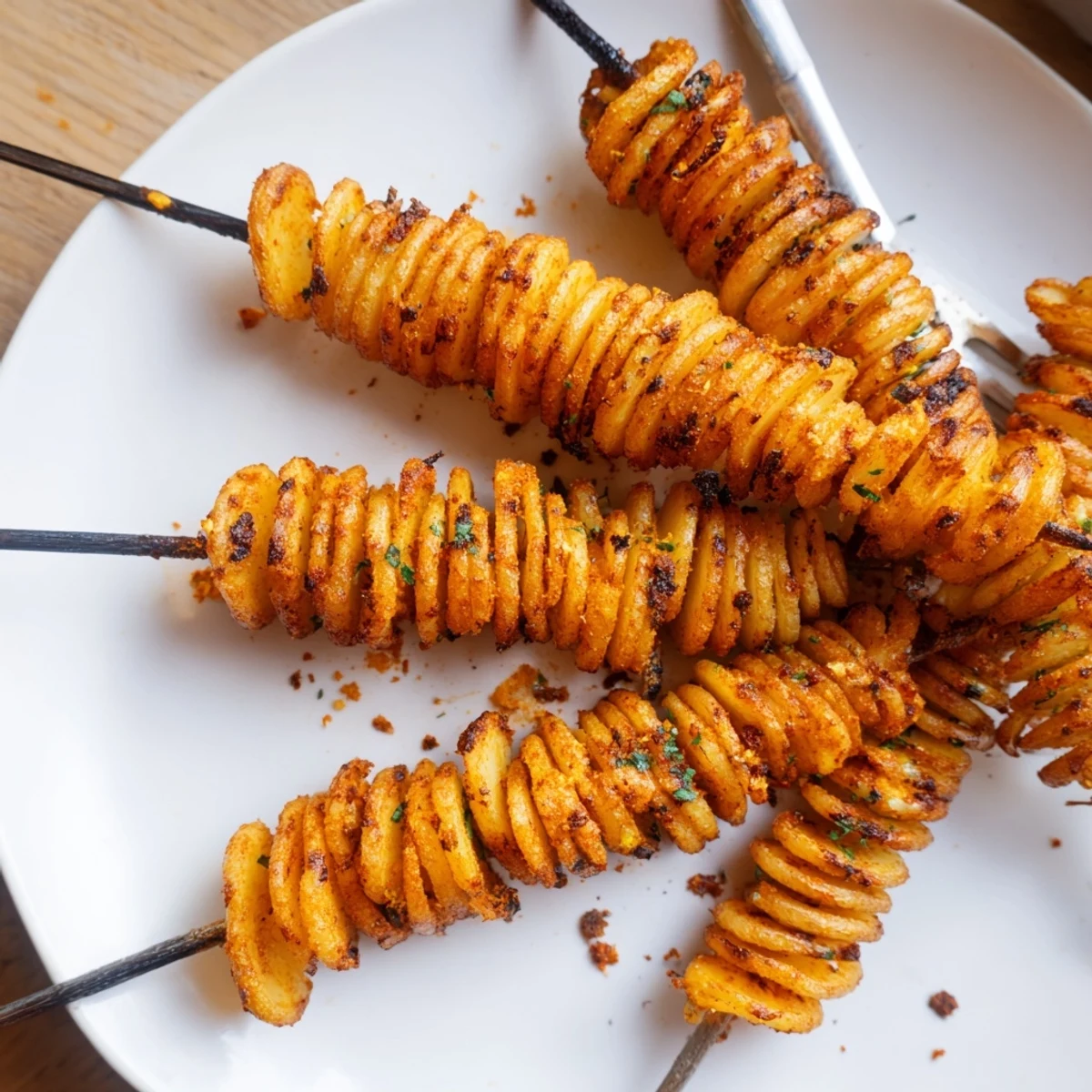 Crispy Air-Fryer Tornado Potatoes skewered with spices, perfect for snacking or sharing.  