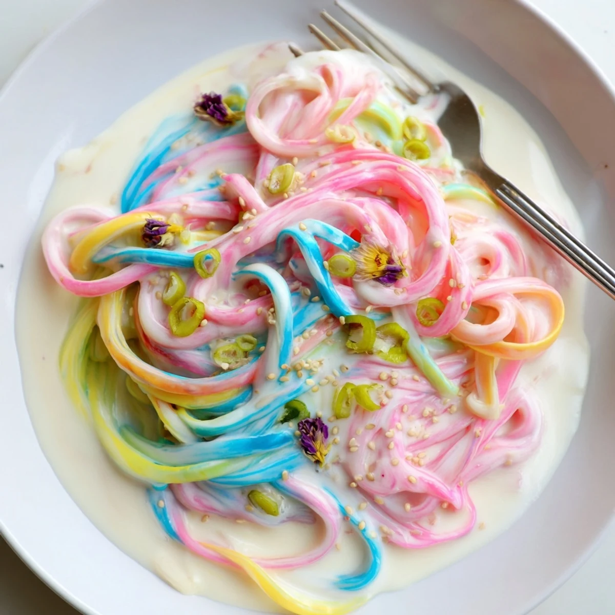 Colorful Neon Noodle Cloud dish served with creamy sauce and vibrant toppings.  