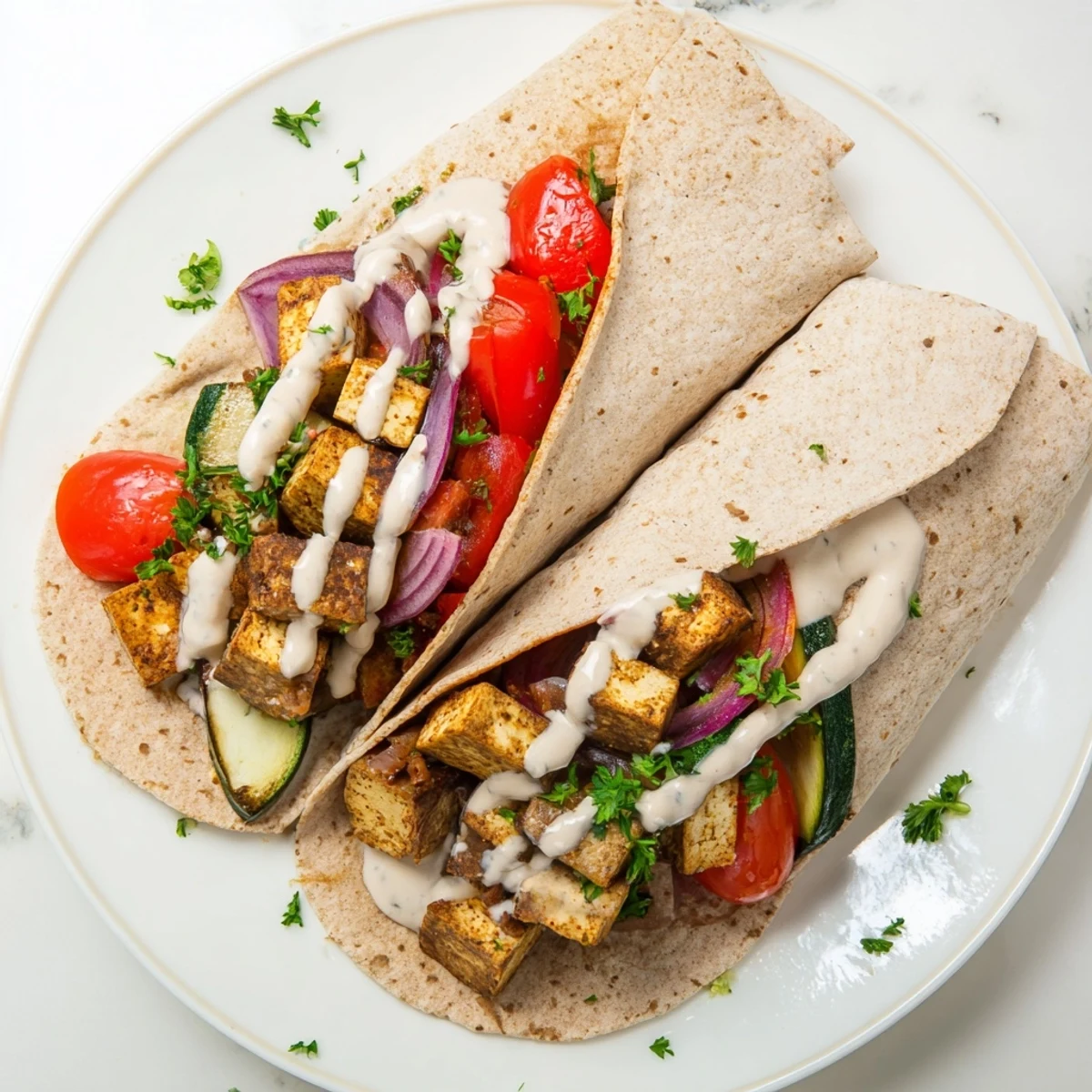 Delicious, plant-based tofu wraps filled with colorful veggies and savory yogurt drizzle.  