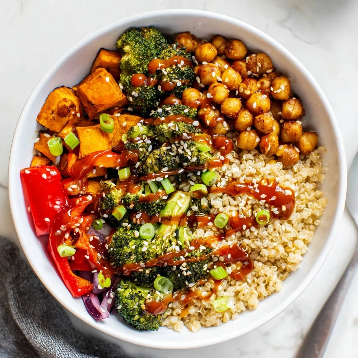 Vibrant Bold Sauce Drizzle Bowls topped with colorful roasted vegetables and creamy sauces.  