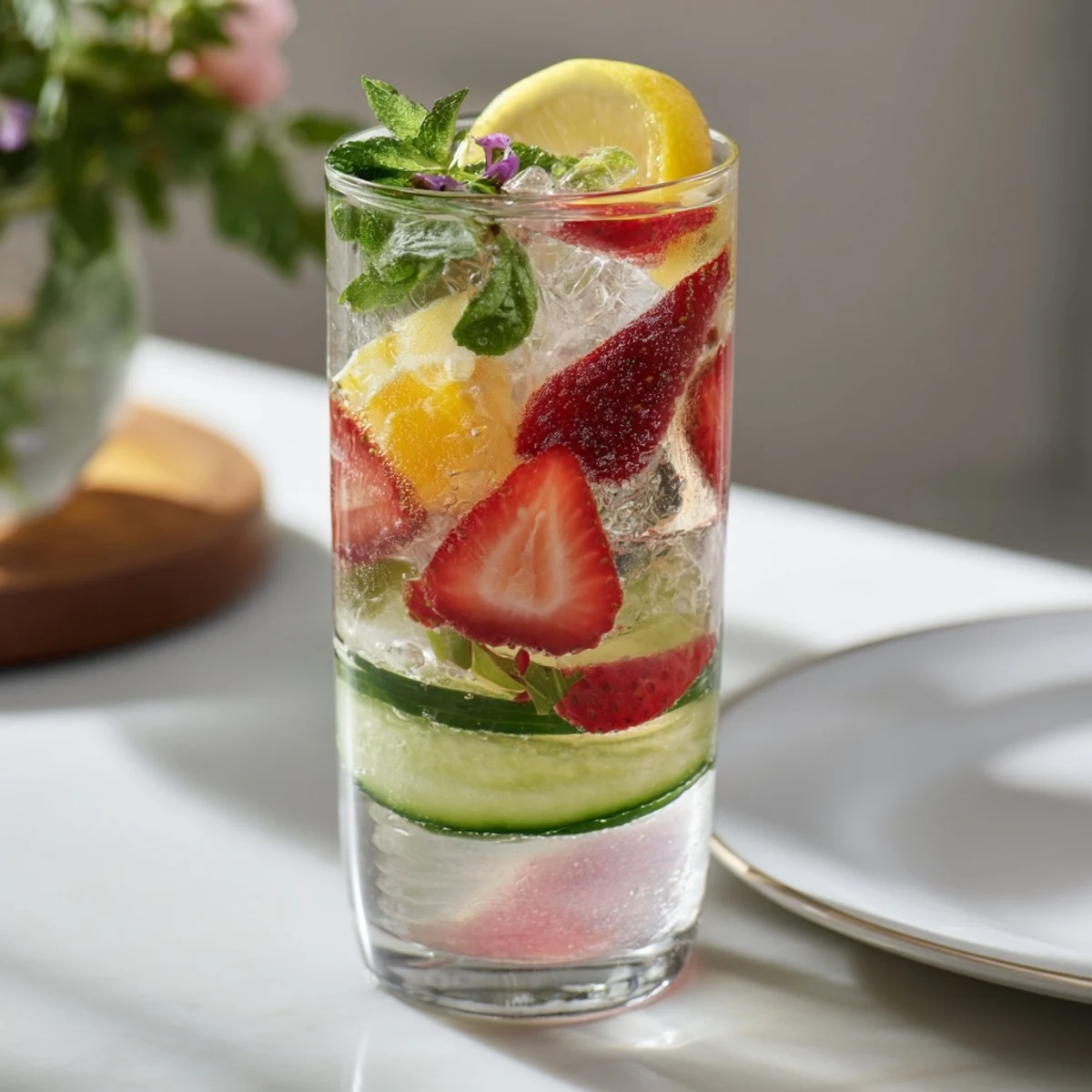 Chilled water-based mocktails infused with strawberries and herbs, perfect for entertaining.