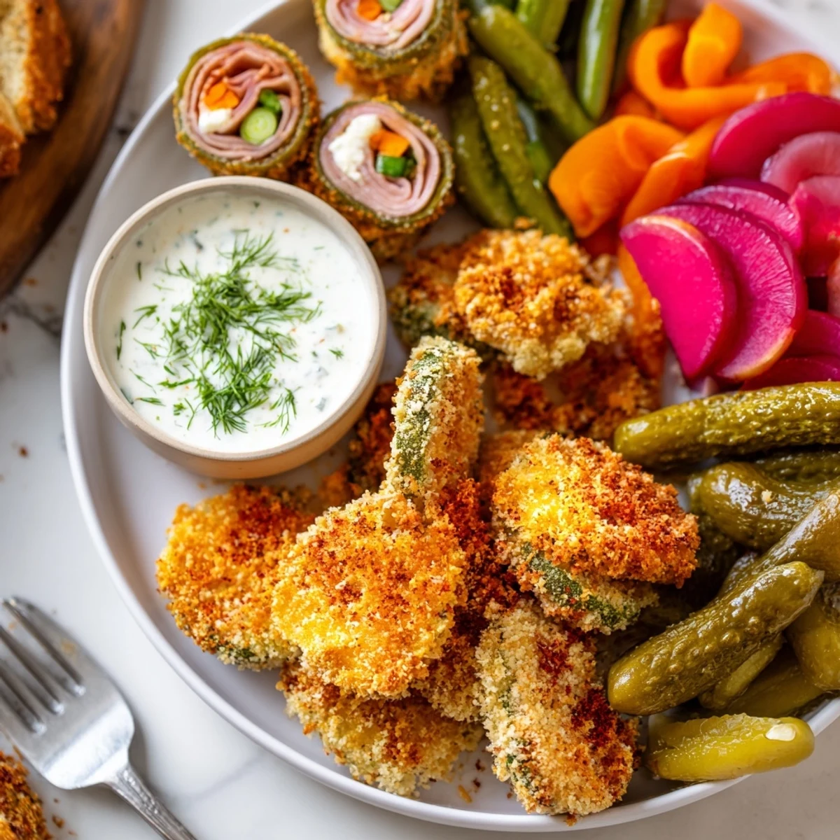 Tangy Pickle Lovers Meal with crispy fried pickles and assorted pickled vegetables.  