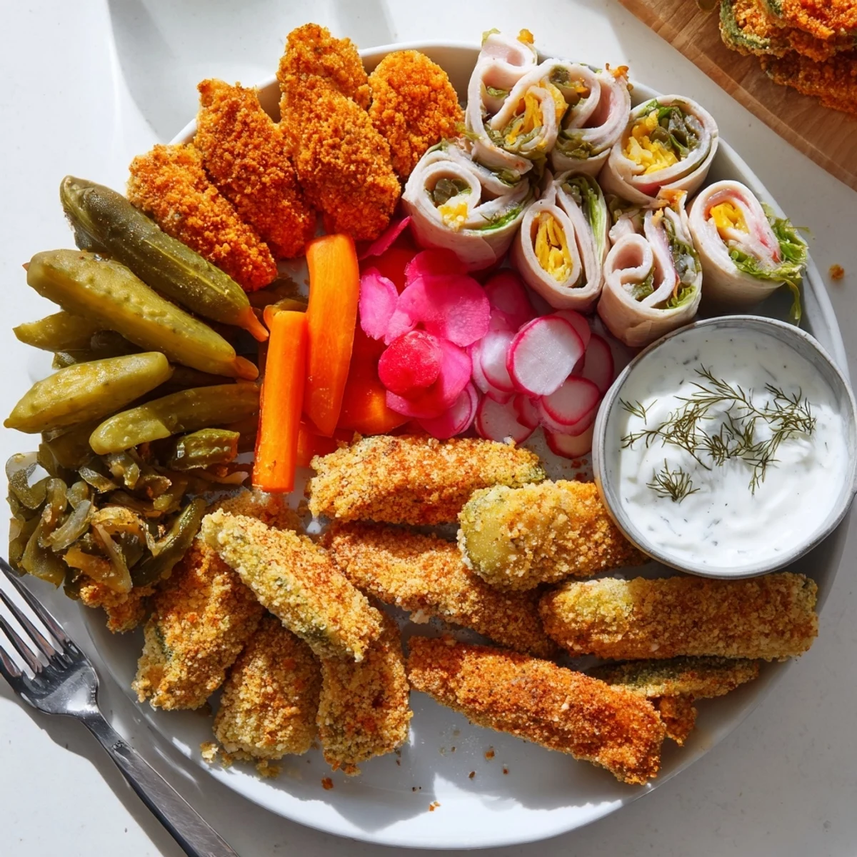Deliciously vibrant Pickle Lovers Meal featuring crispy fried pickles and creamy dipping sauce.