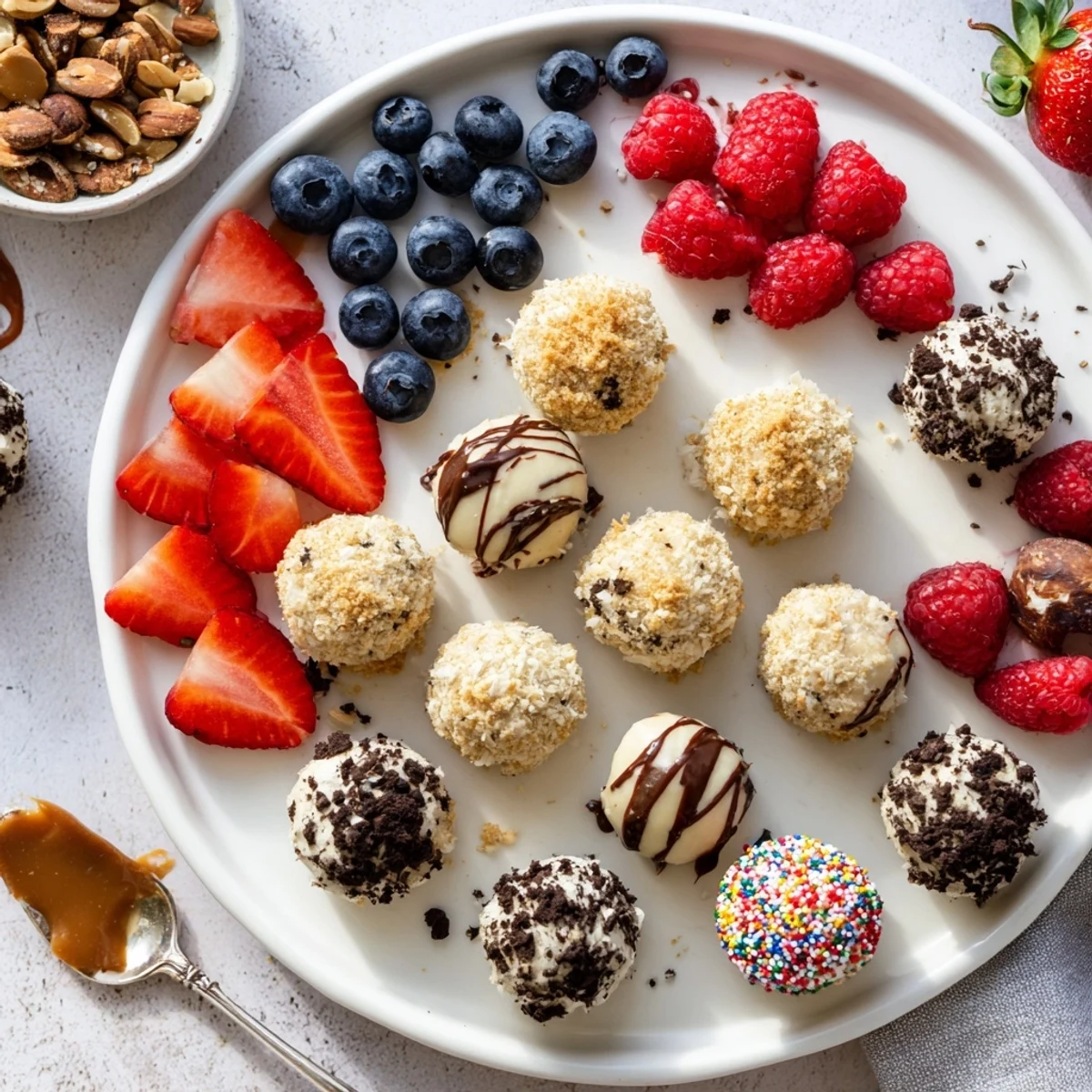 Indulgent deconstructed dessert board showcasing cheesecake bites with vibrant, fresh toppings.  