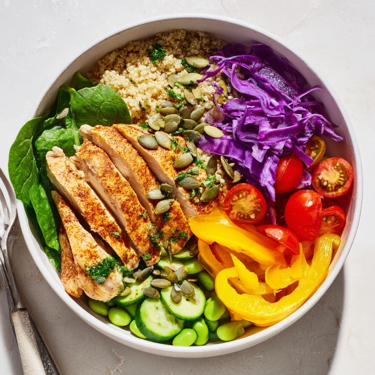 Colorful Healthy Meal-Prep Bowls packed with quinoa, chicken, and fresh veggies.  