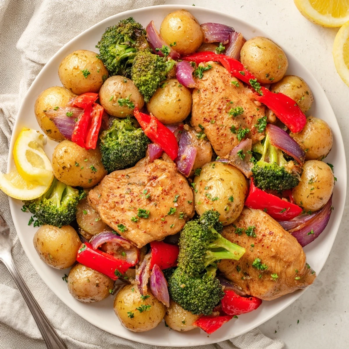 A hearty Lazy Gourmet Chicken & Vegetable One-Pot with juicy chicken and colorful potatoes.