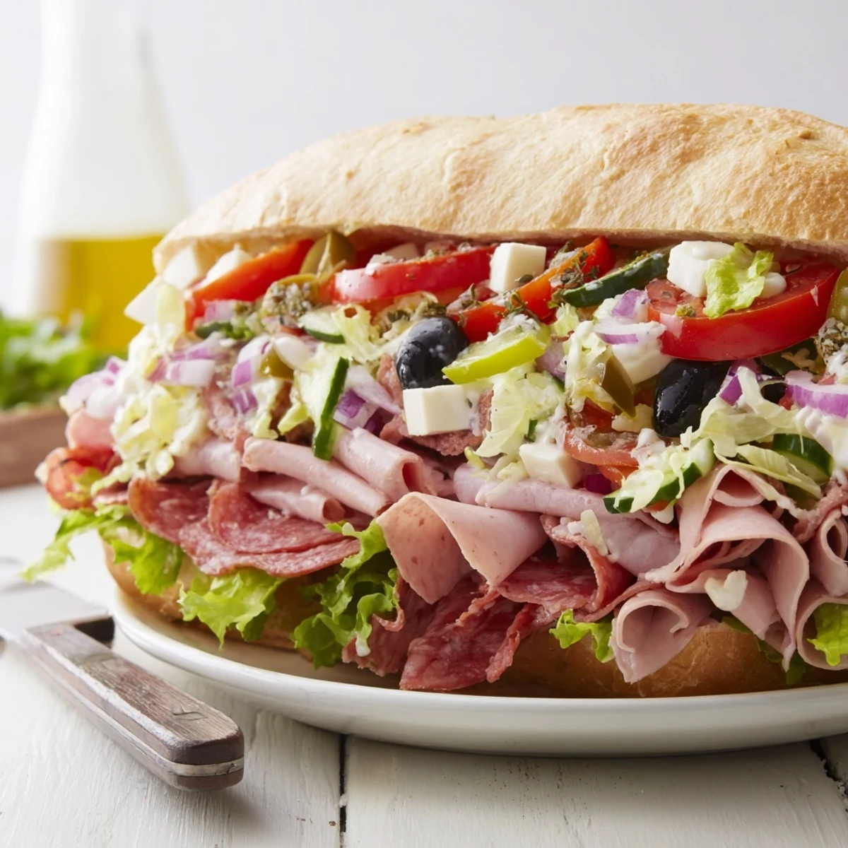 Colorful Flavor Mash-Up Sandwiches featuring layers of salami, turkey, and zesty peppers.