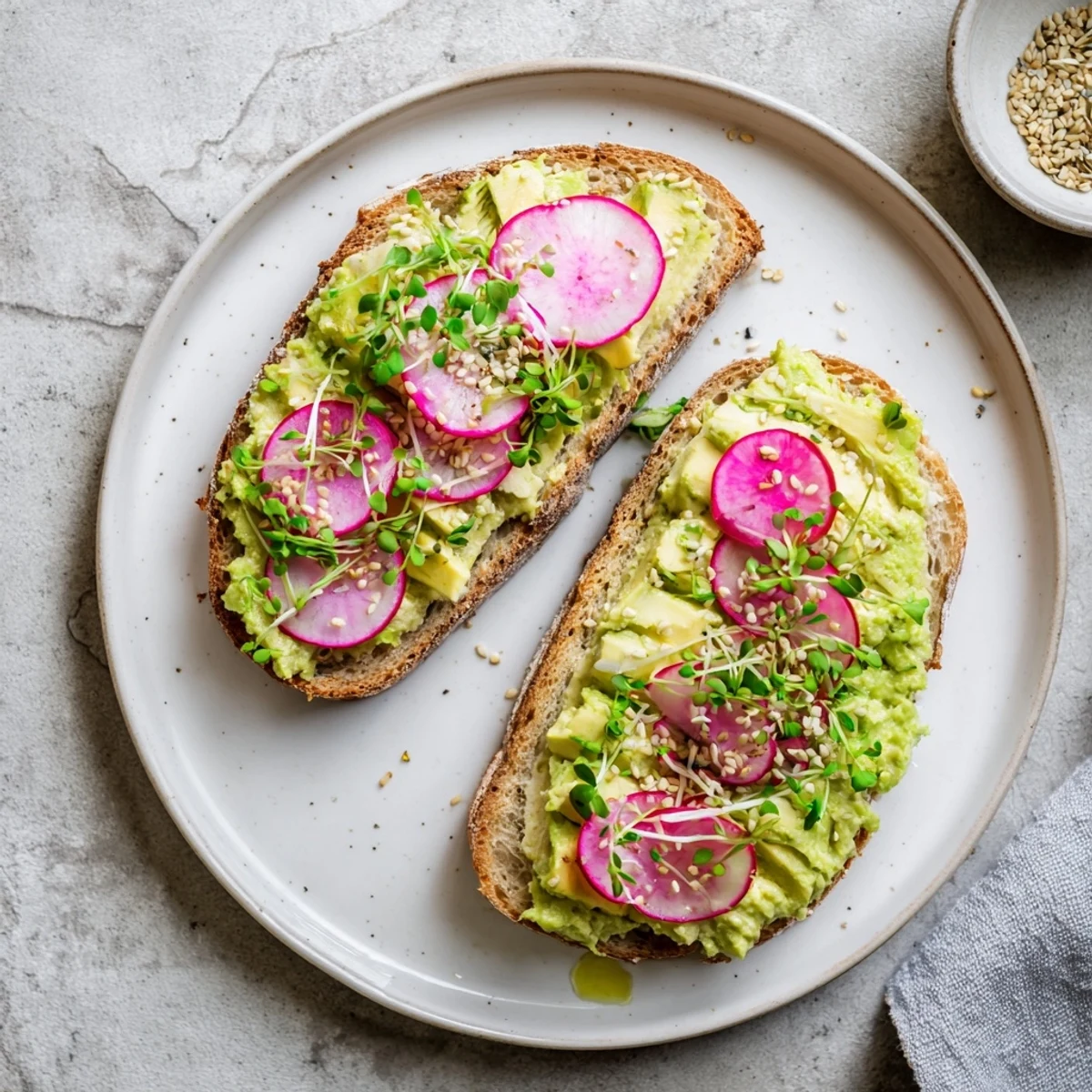Vibrant Bright & Bold Breakfast Toasts topped with ube, avocado, and fresh garnishes.