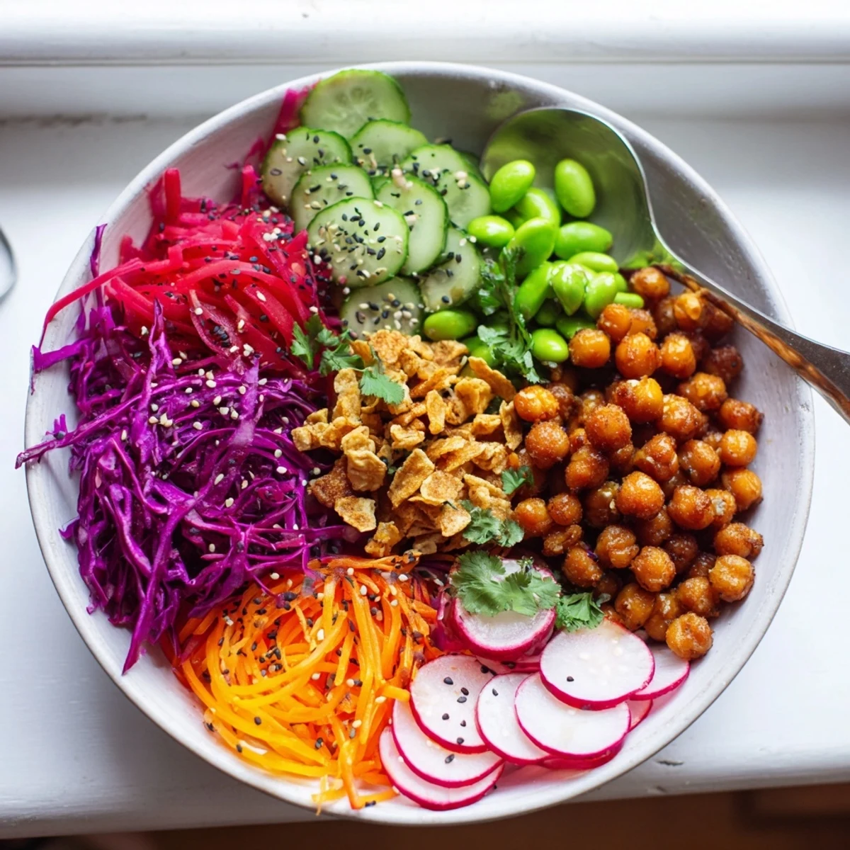 Colorful ASMR Crunch Snack Bowls topped with crispy chickpeas and fresh veggies.  