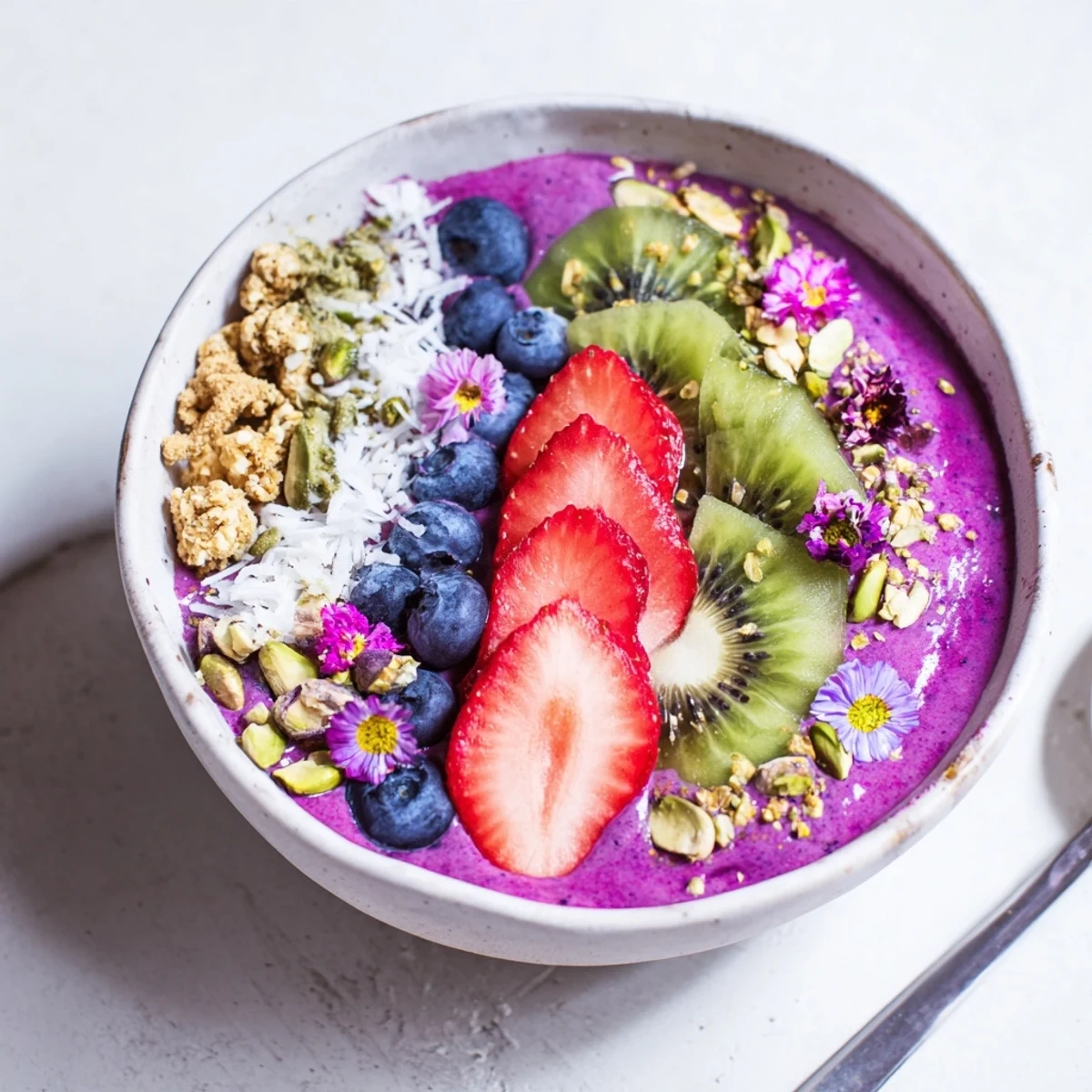 Vibrant smoothie bowls with unexpected twists, topped with fresh fruits and granola.  