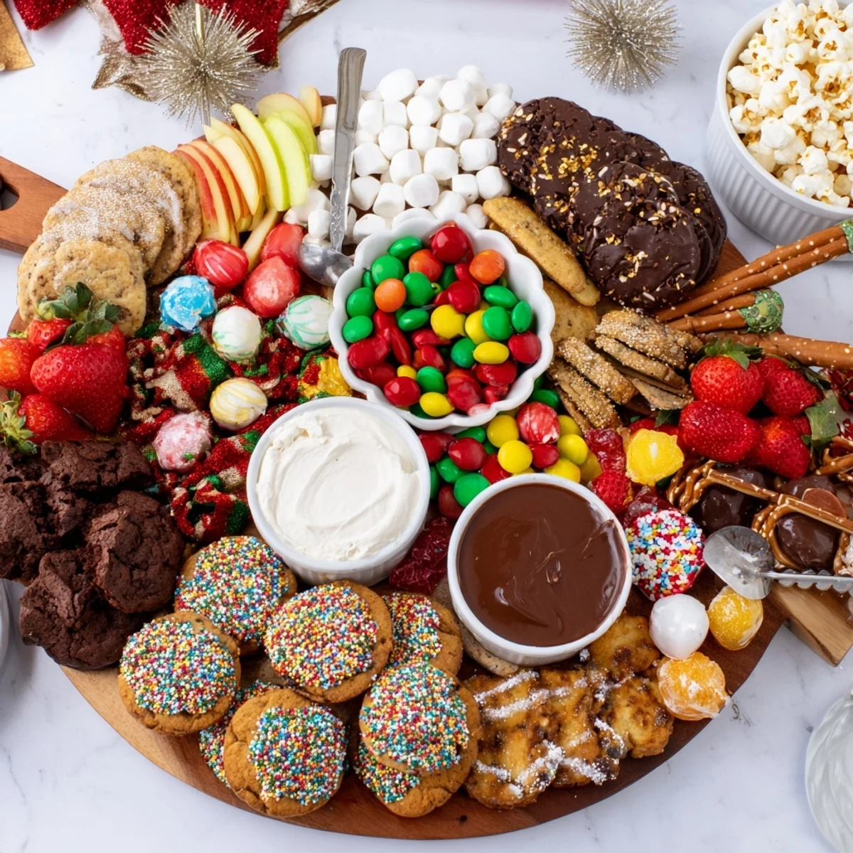 A colorful dessert board with themed snacks and fresh fruits ready for sharing.  