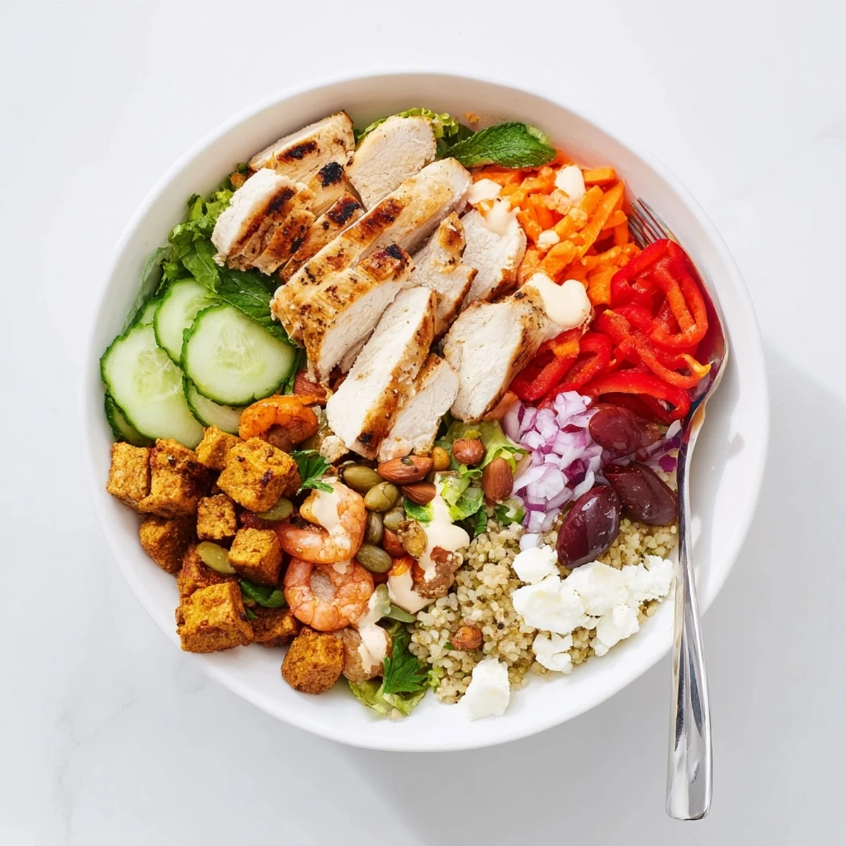 Fresh vegetables and proteins artfully arranged for a fun build-your-own meal experience.