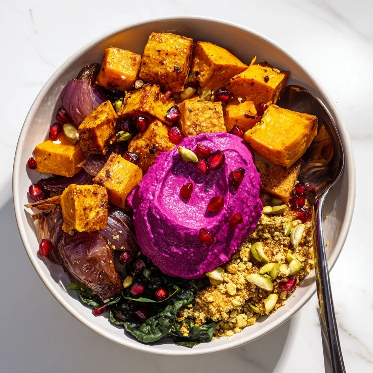 Cozy spiced winter bowls filled with roasted vegetables and vibrant toppings.  