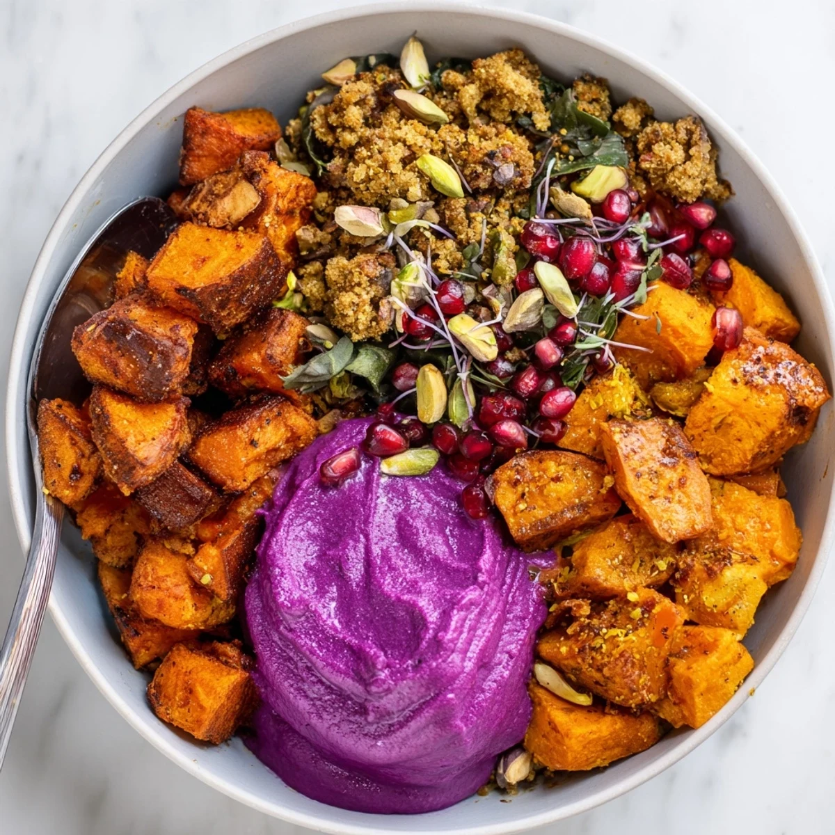 Delicious spiced winter bowls brimming with roasted veggies and festive garnishes.