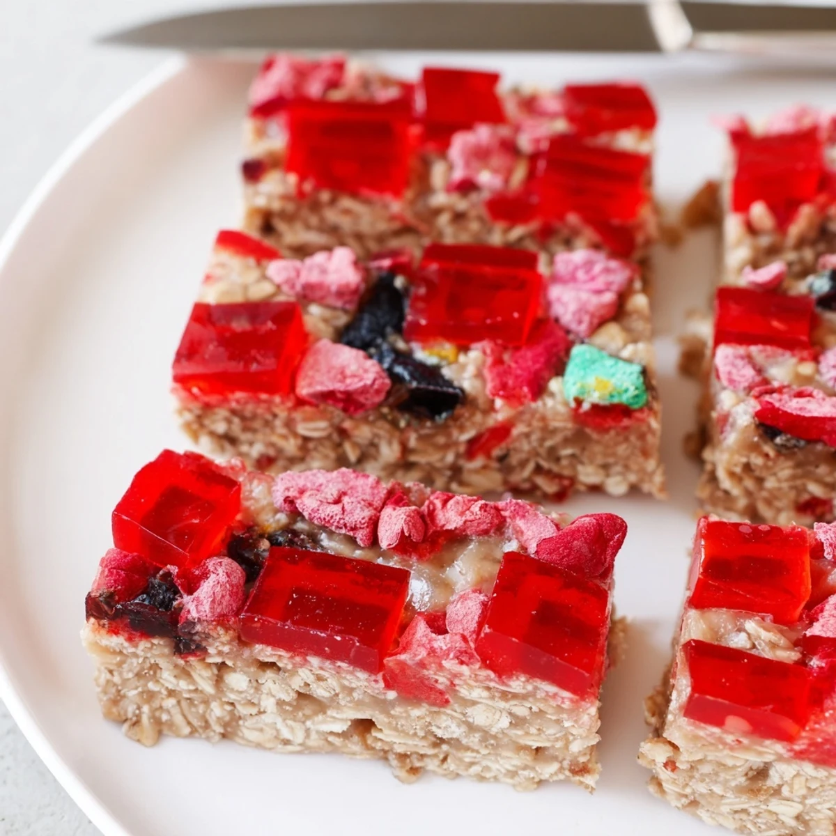 Colorful DIY snack bars topped with chewy homemade gummies and freeze-dried candy.  