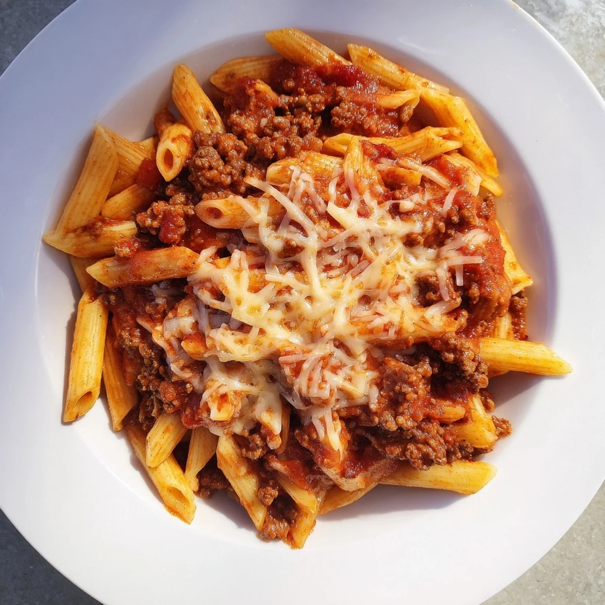 Golden, bubbly Cheesy Beef & Penne Bake with melted mozzarella over tender pasta and beef.