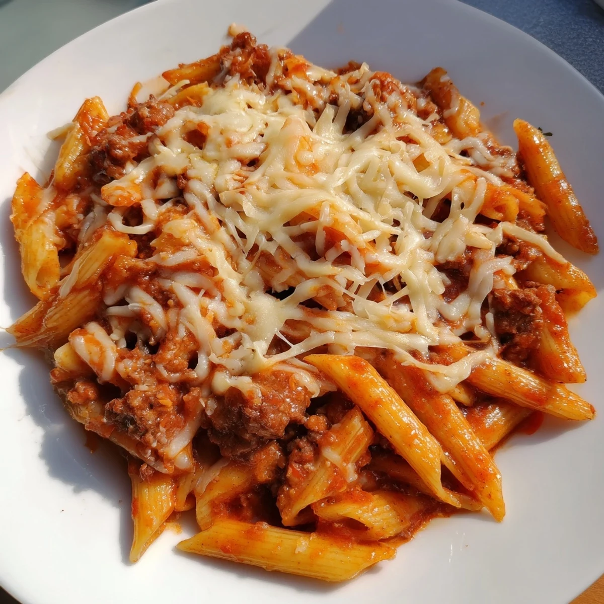 A close-up shot of a steaming Cheesy Beef & Penne Bake, a delicious family-friendly casserole.
