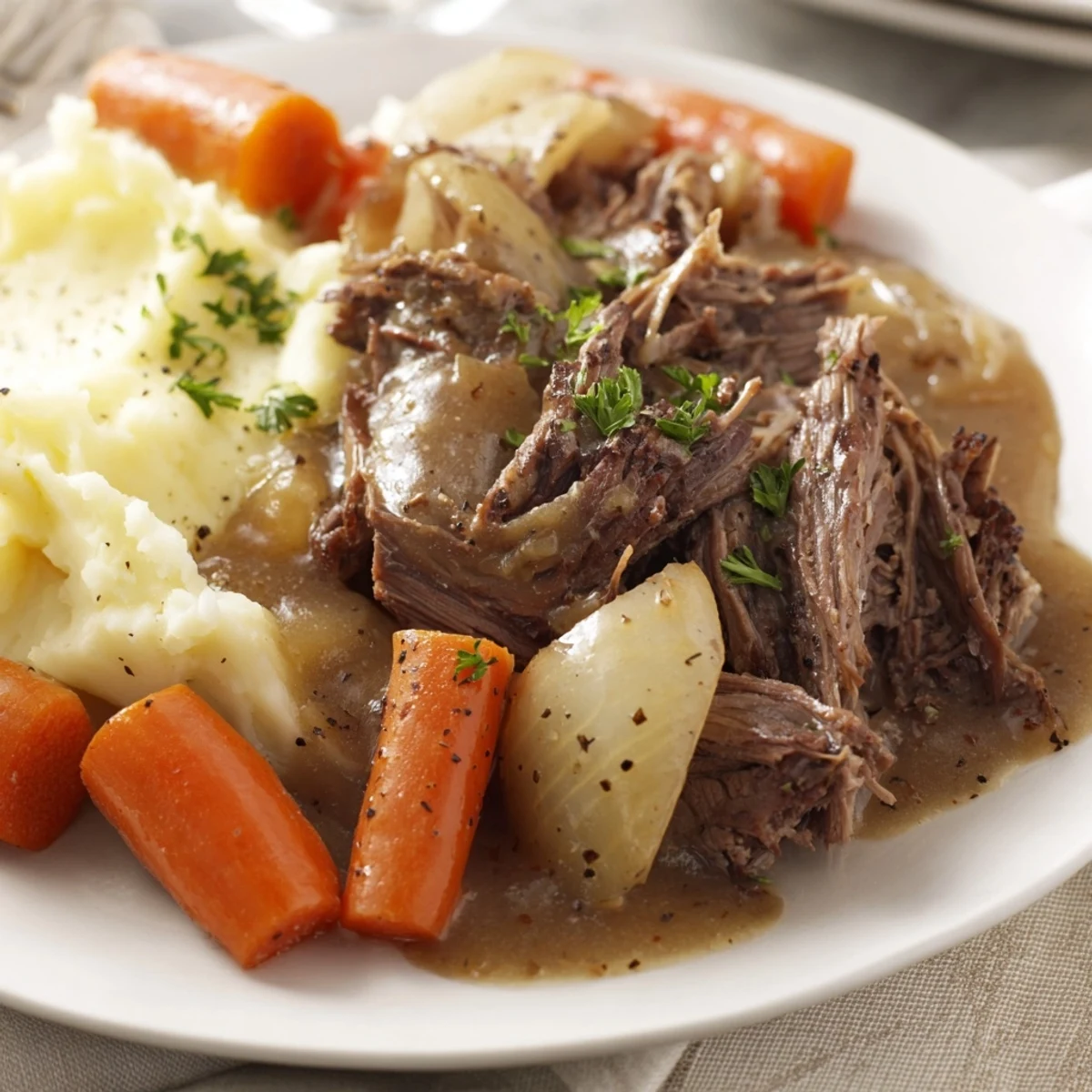 Tender Slow Cooker Pot Roast resting on fluffy mashed potatoes, ready for a hearty dinner.