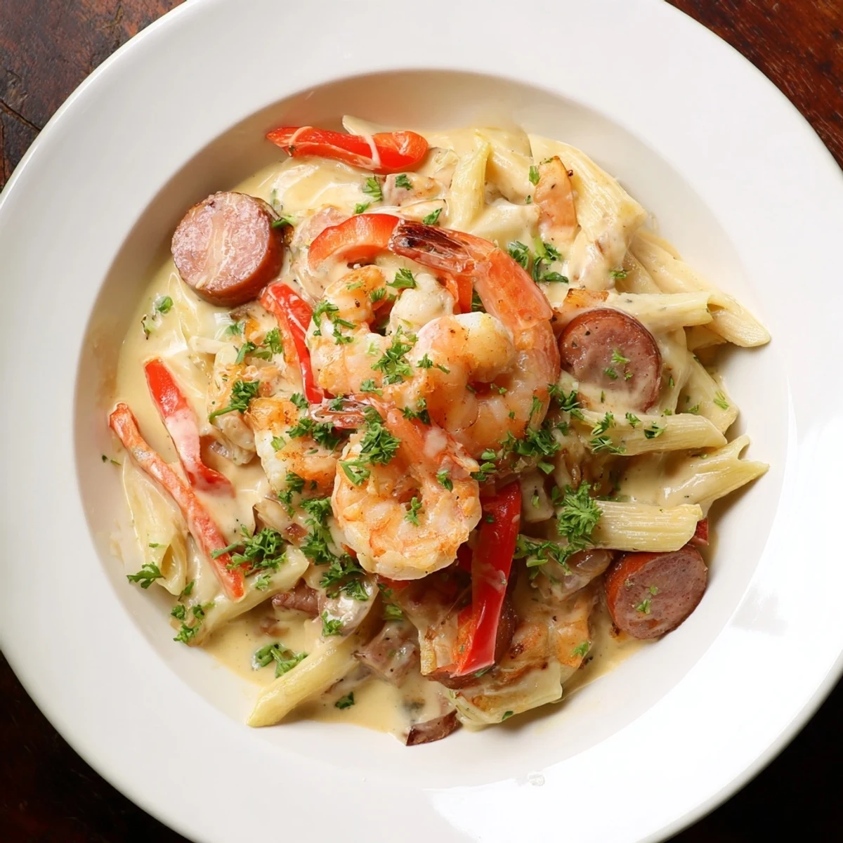 This one-pan Cajun Sausage & Shrimp Alfredo Pasta Skillet sizzles with browned sausage, plump shrimp, and vibrant peppers.
