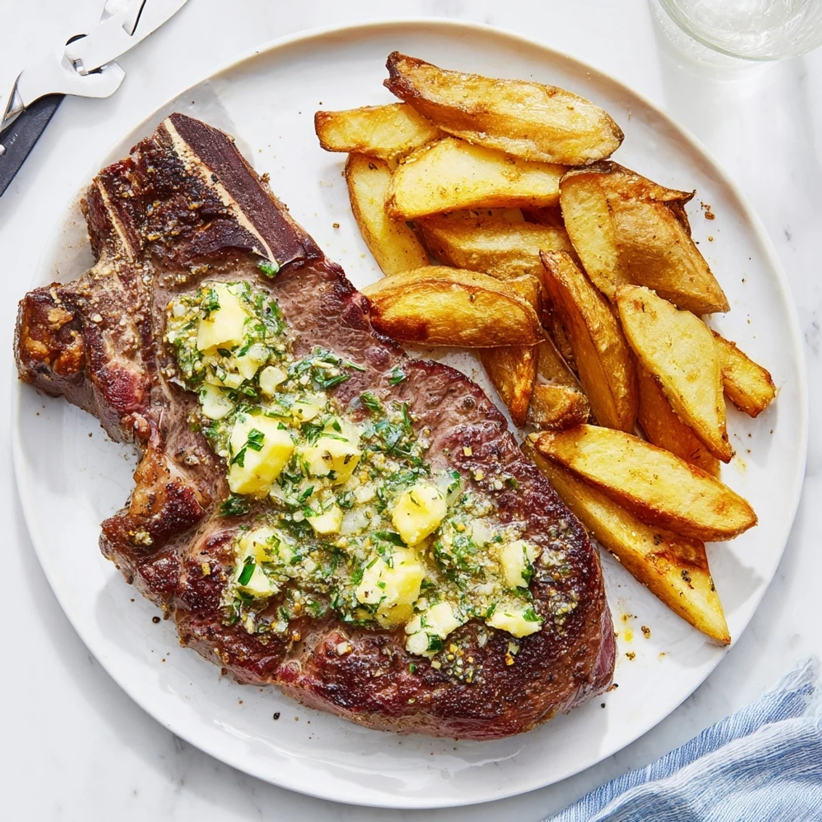 Mouthwatering image of a perfectly cooked Steakhouse Garlic Butter Steak & Fries, ready to eat and enjoy.