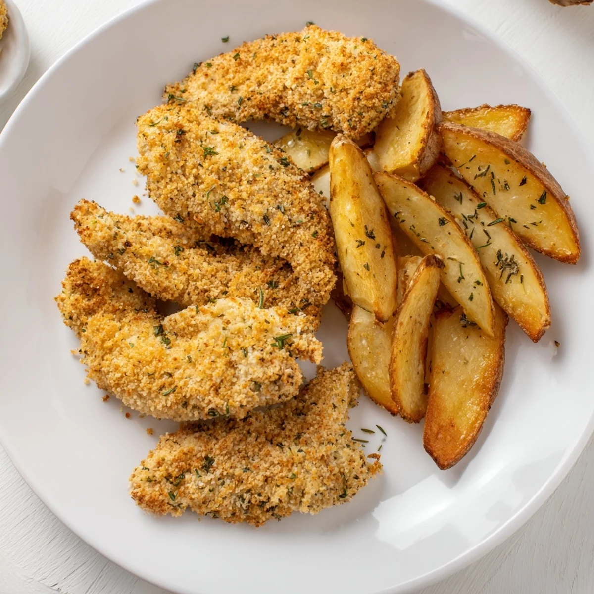 Golden-brown herbed chicken tenders and potato wedges; a flavorful, crispy, family-friendly dinner.