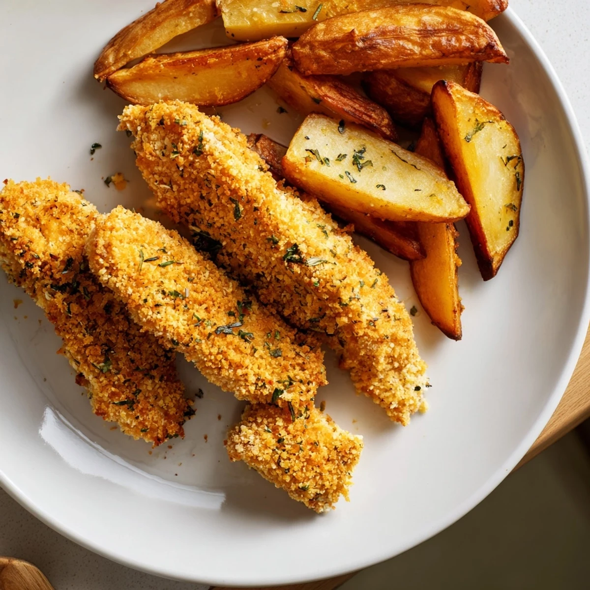 Fragrant herbed chicken tenders alongside oven-baked potato wedges, perfect for sharing and easy to make.