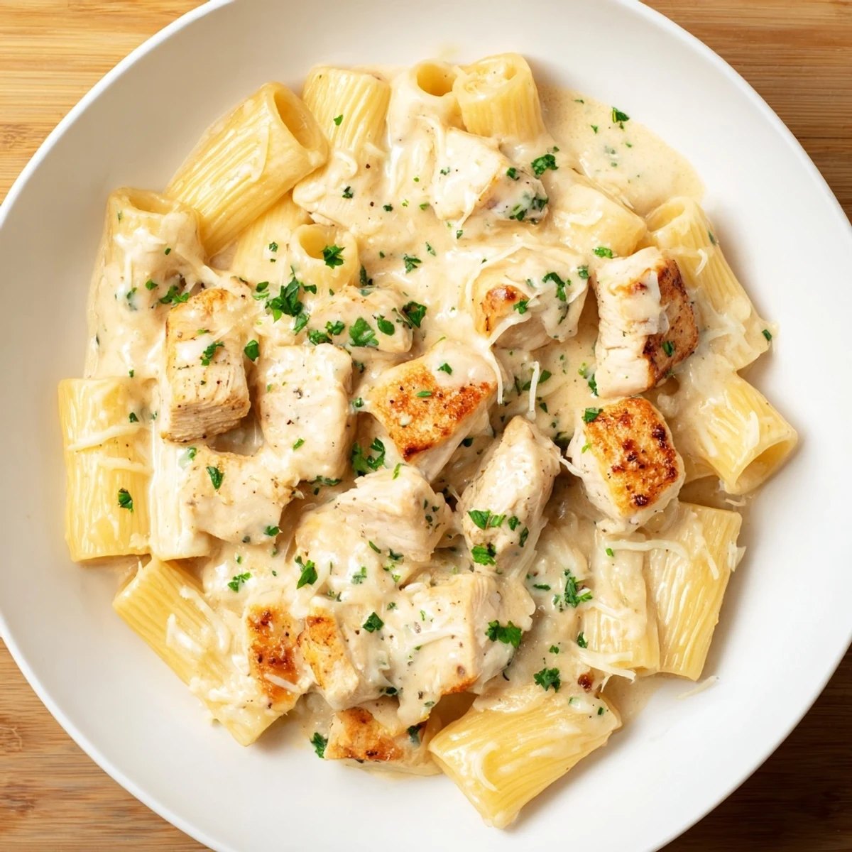 Creamy Garlic Parmesan Chicken Rigatoni with golden chicken pieces and rich, glistening sauce.