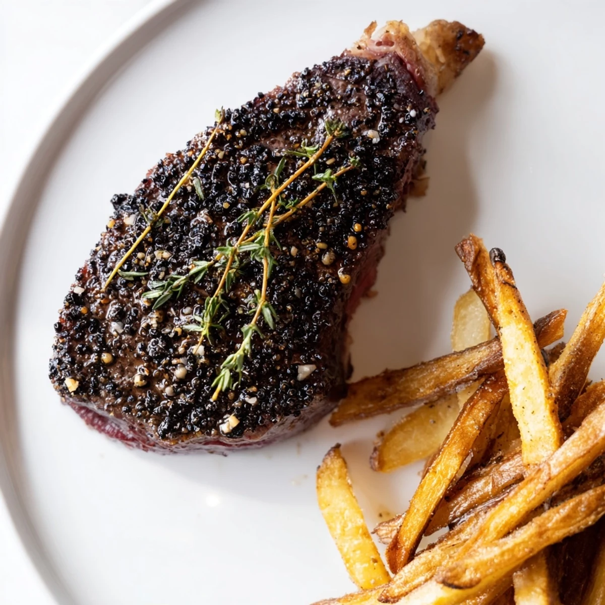 Savor the flavors: forkful of Classic Peppercorn Ribeye dipped in sauce, paired with crispy golden fries.