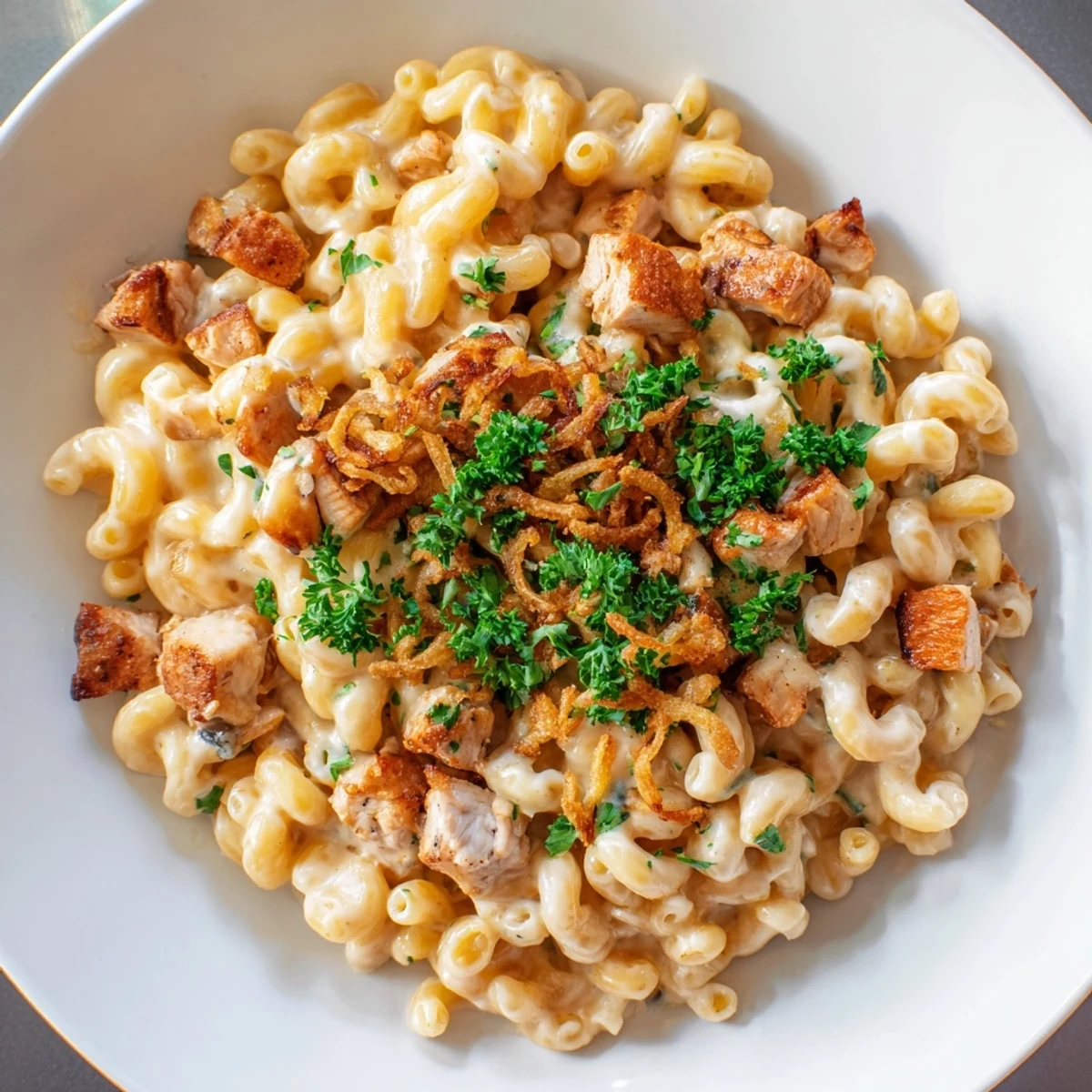 Golden and bubbly One-Pot Honey BBQ Chicken Mac and Cheese, ready to eat with parsley garnish.
