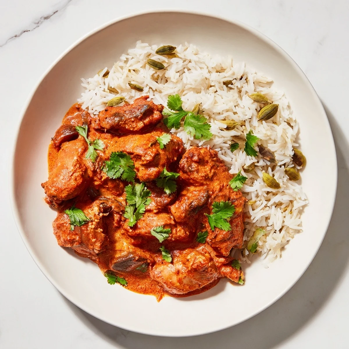 Savory Butter Chicken & Rice Pilaf, featuring a rich tomato sauce and fluffy basmati rice, beautifully presented.