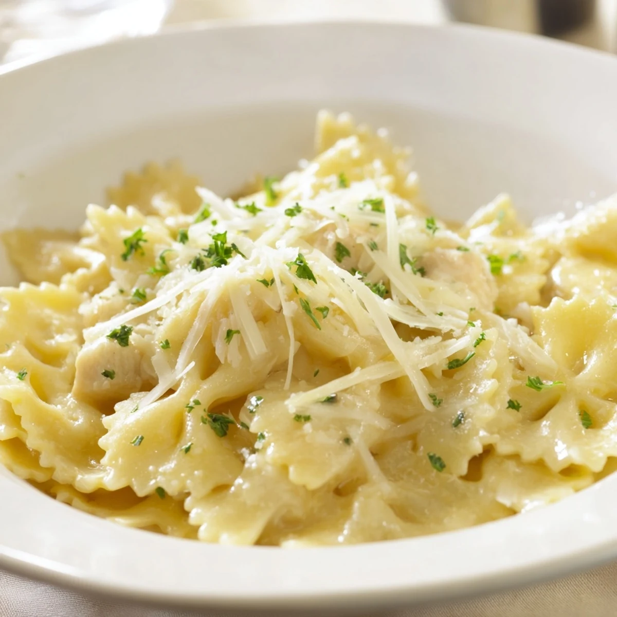 A close-up of cheesy mozzarella garlic butter chicken bowties, ready to be enjoyed as a hearty meal.