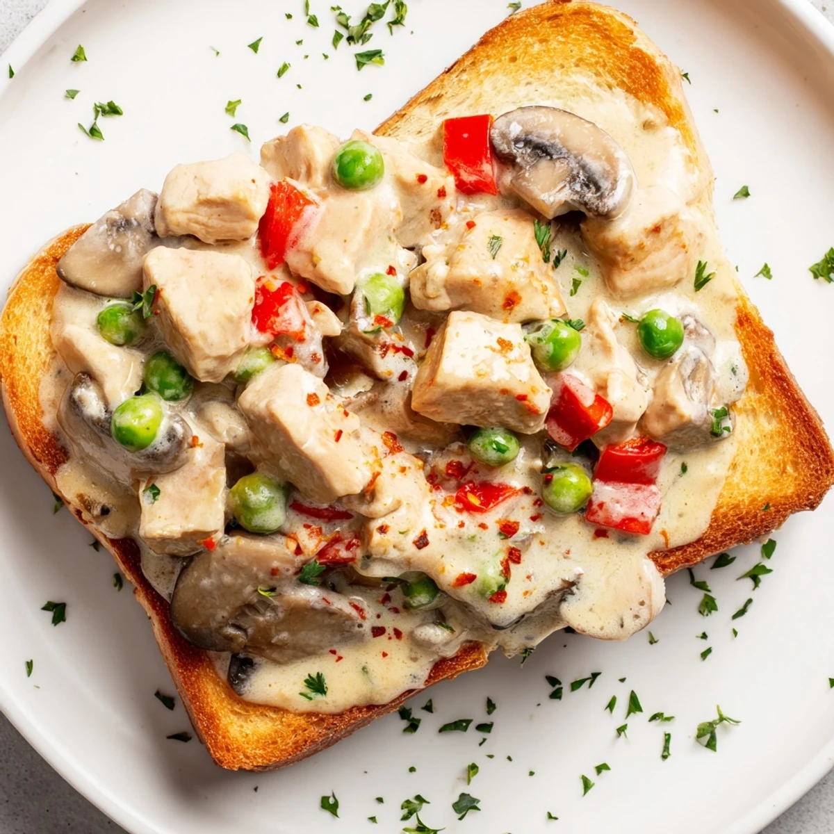 Creamy Chicken à la King over buttered toast, a comforting classic with savory mushrooms and peas.