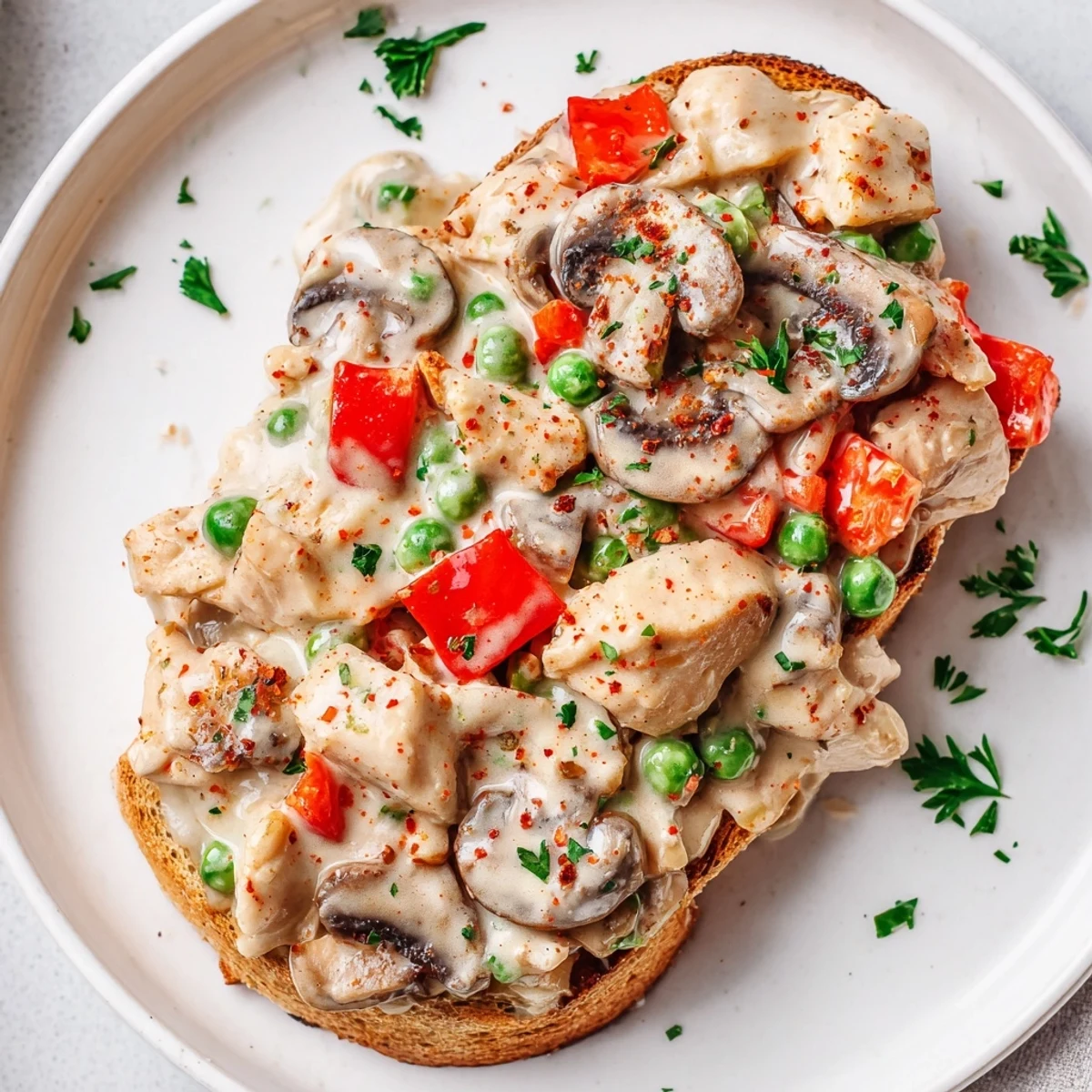 A close-up of Chicken à la King, a creamy delight, served generously over golden-brown toast.