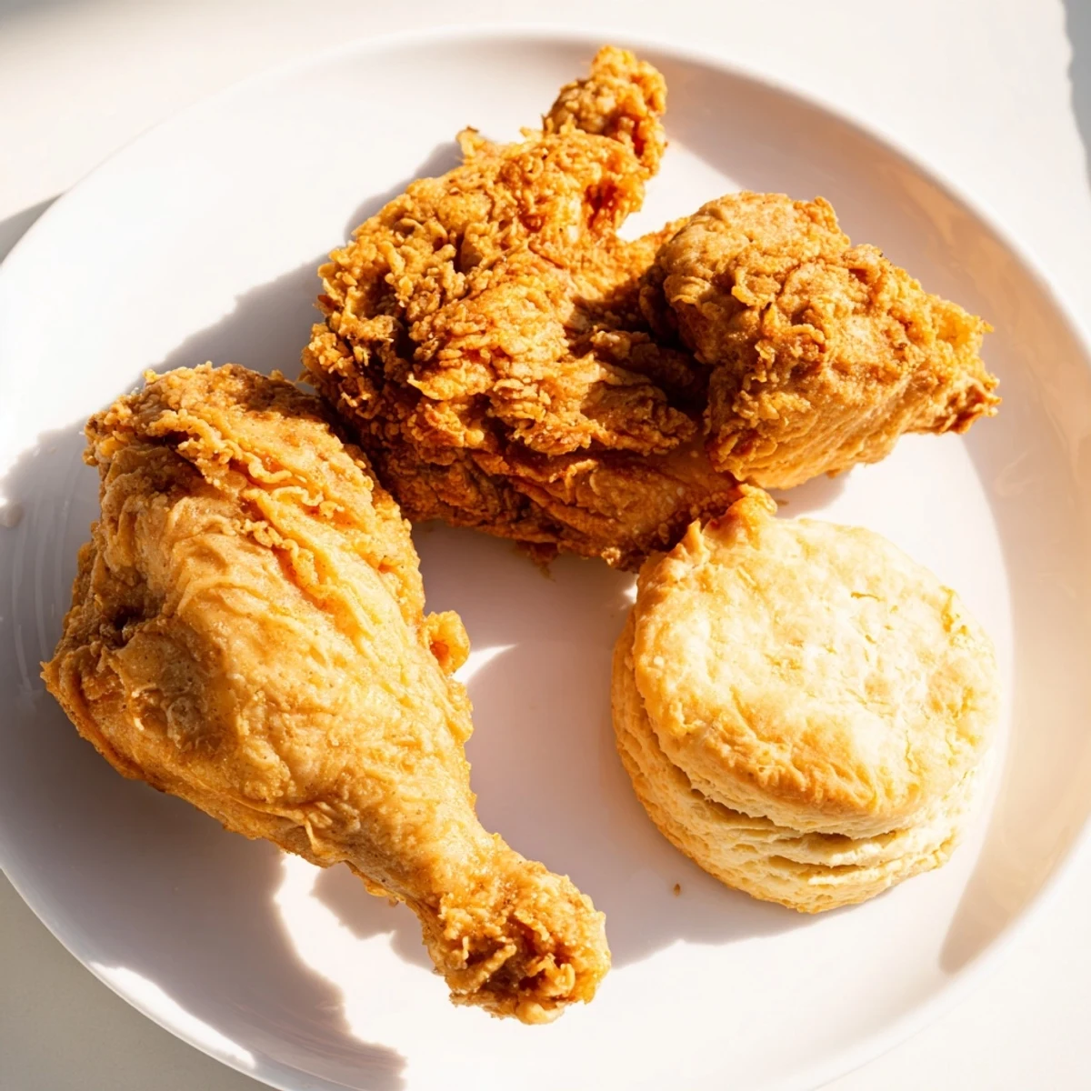A close-up of piping-hot Southern Fried Chicken and Buttermilk Biscuits, showing the flaky biscuit texture.