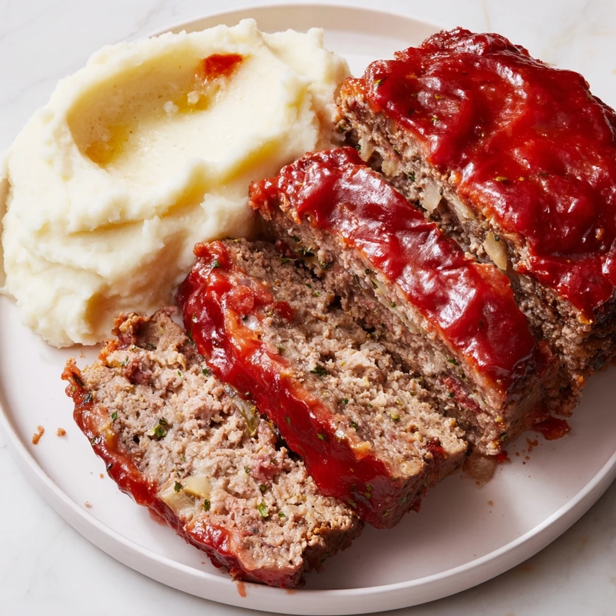 Golden-glazed Classic Meatloaf next to fluffy mashed potatoes, perfect for a cozy American meal.