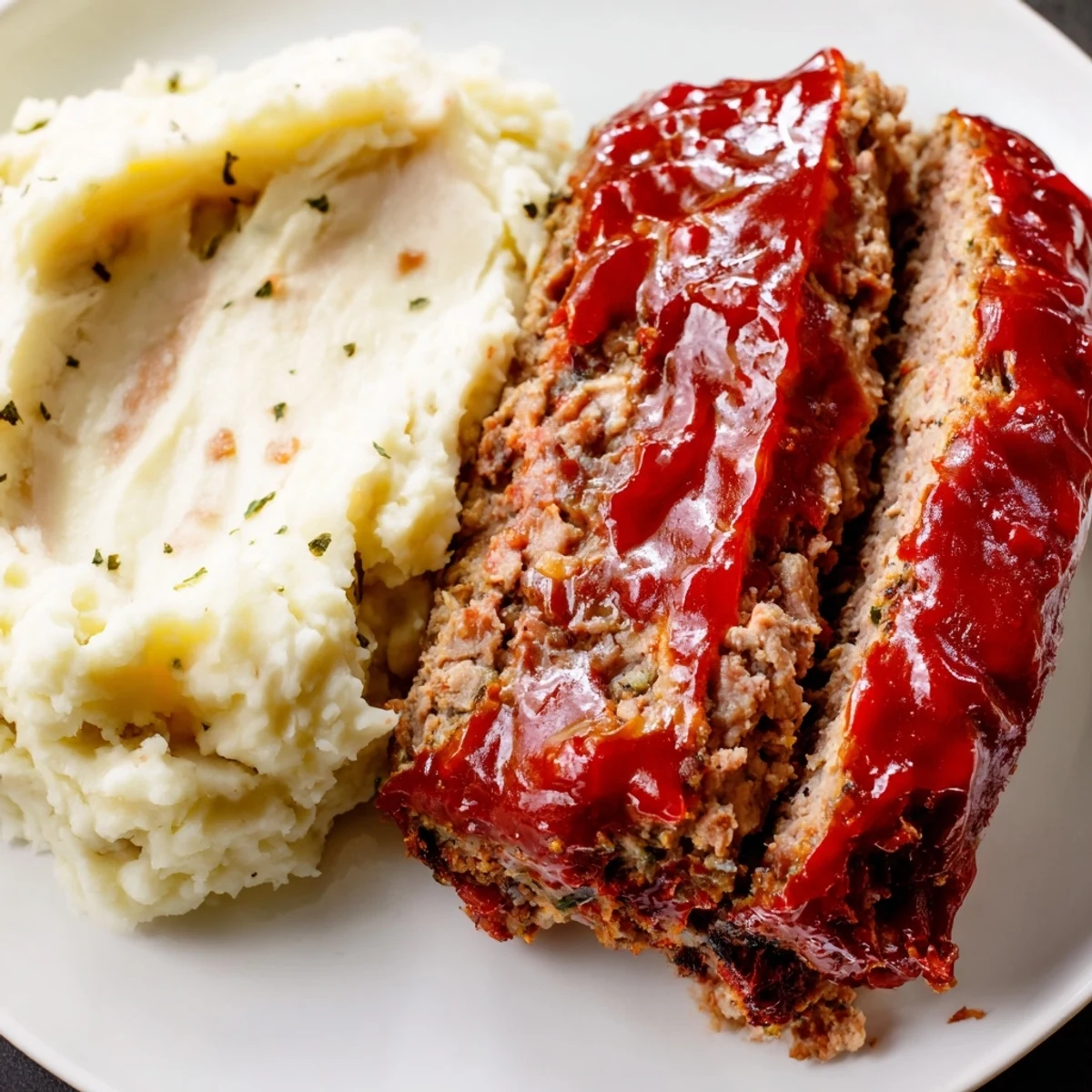 A generous slice of flavorful Classic Meatloaf atop creamy, homemade mashed potatoes, a comforting classic.