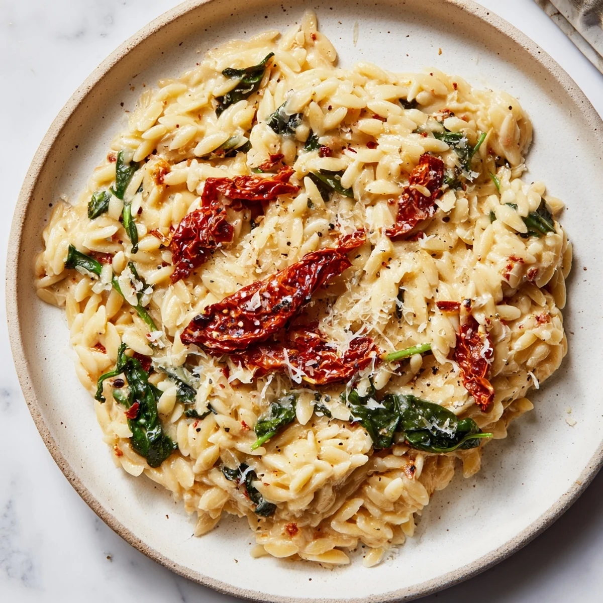 Creamy Tuscan Orzo Bowl: A vibrant image showcasing the rich, creamy pasta with spinach and sun-dried tomatoes.