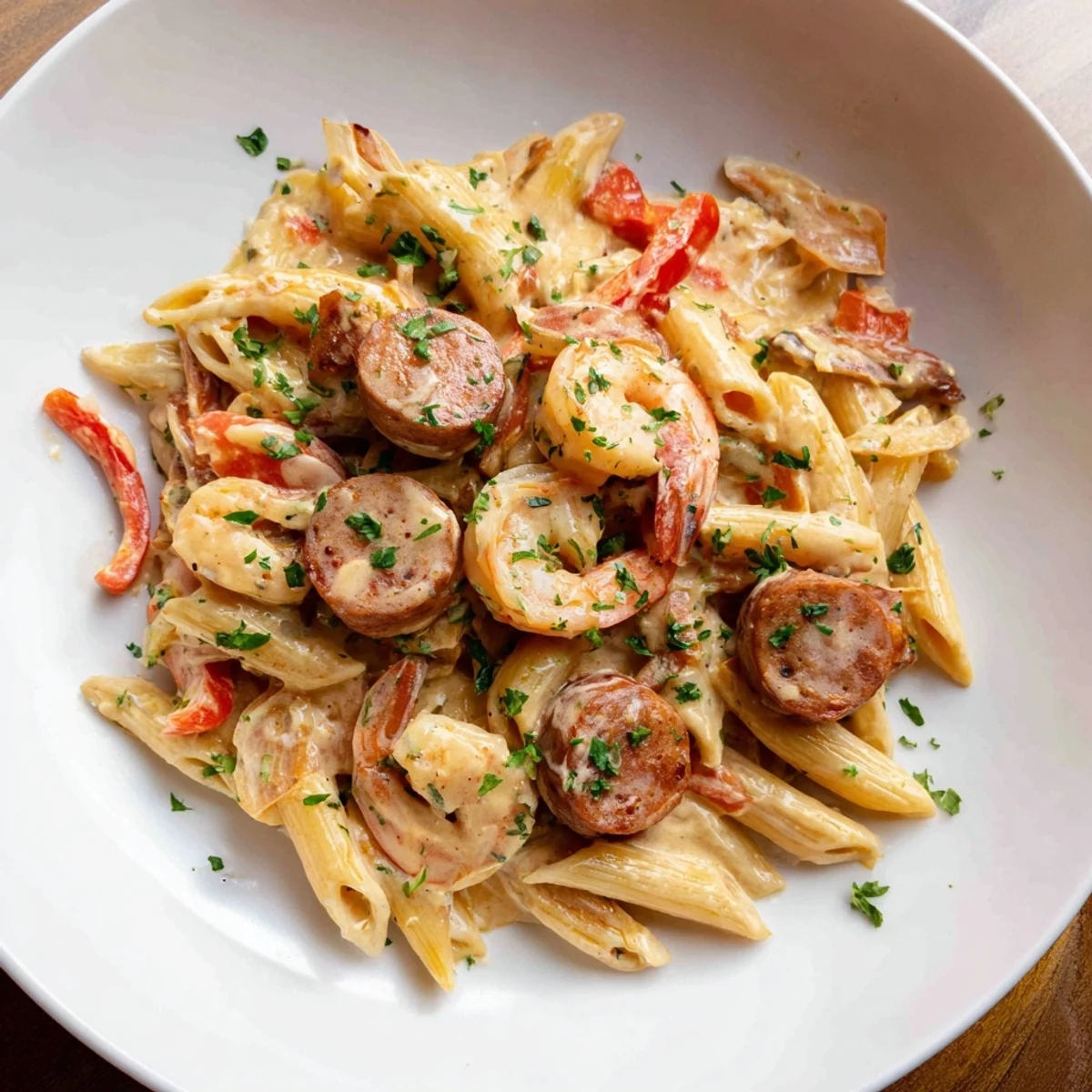 Cajun Sausage & Shrimp Alfredo Pasta Skillet sizzling in a skillet, showcasing shrimp and sausage with creamy sauce.