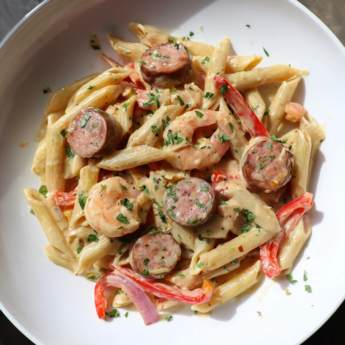 Close-up of a flavorful Cajun Sausage & Shrimp Alfredo Pasta Skillet with tender shrimp and penne.