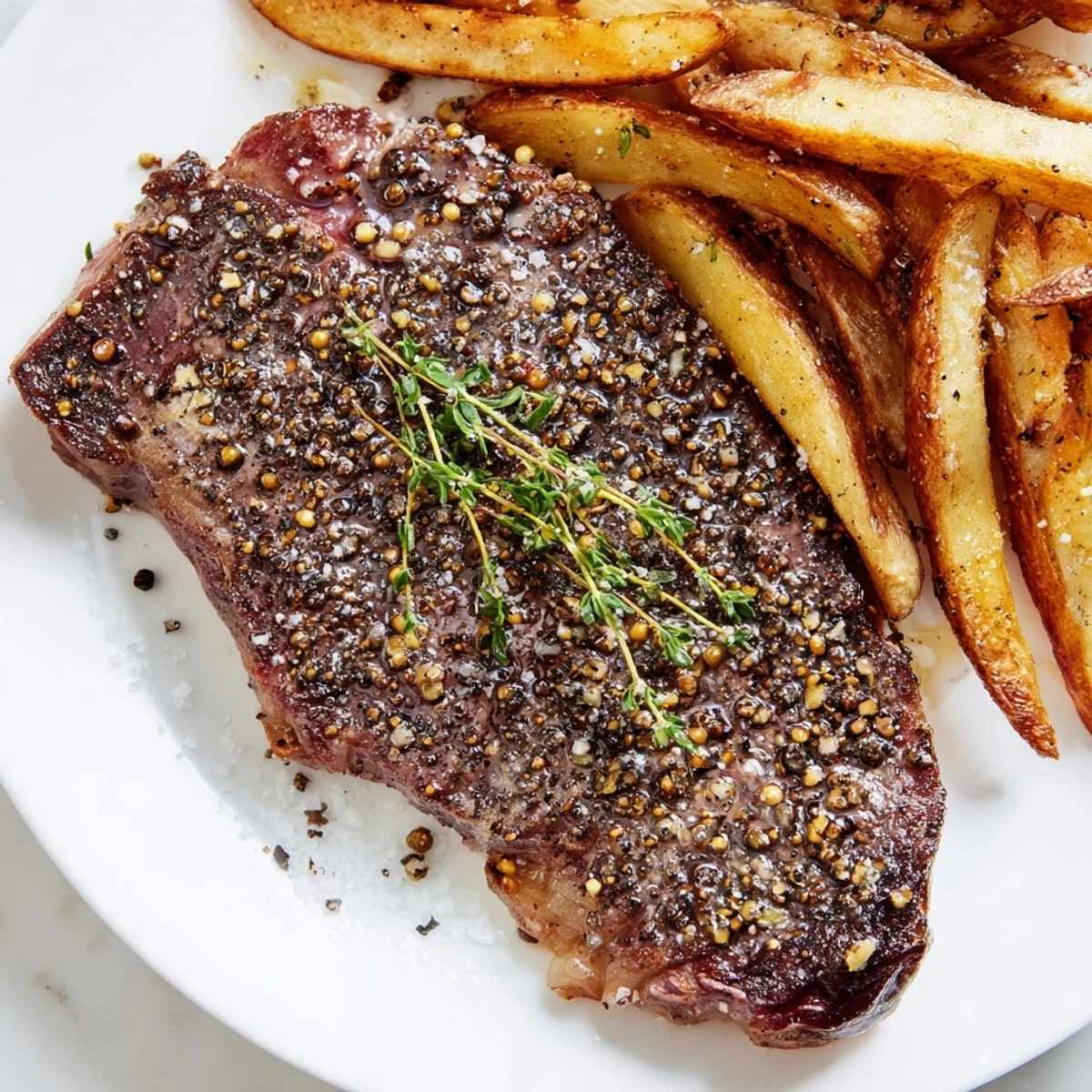 Sizzling Classic Peppercorn Ribeye with golden, crispy fries, a delicious steakhouse dinner ready.
