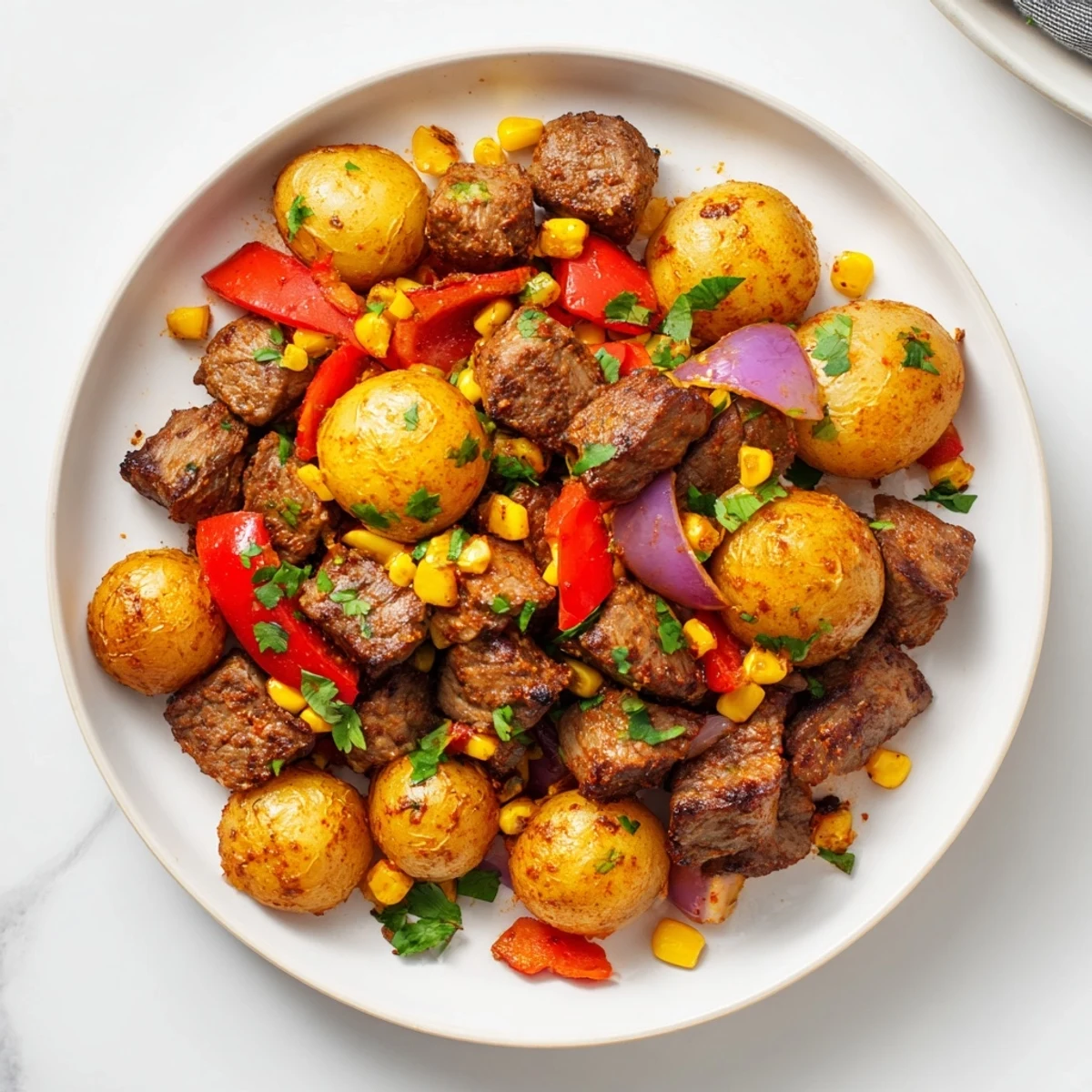 Sizzling Southwest Steak & Potato Skillet with tender steak, vibrant peppers, tasty potatoes, and fresh cilantro.