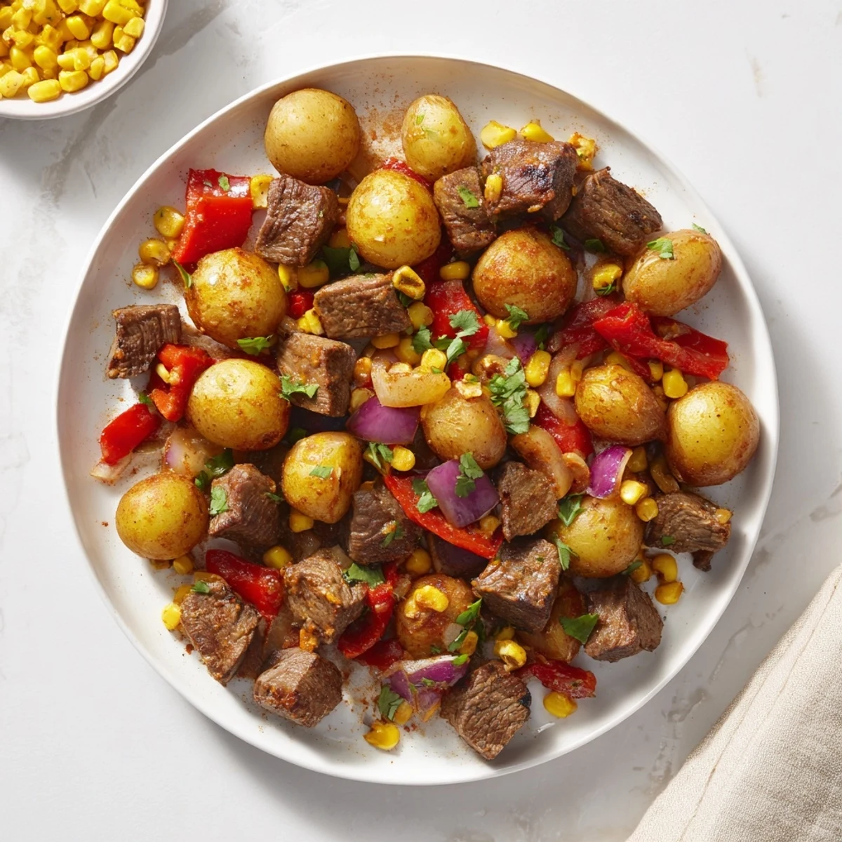 A close-up of a flavorful Southwest Steak & Potato Skillet with juicy steak and colorful vegetables.