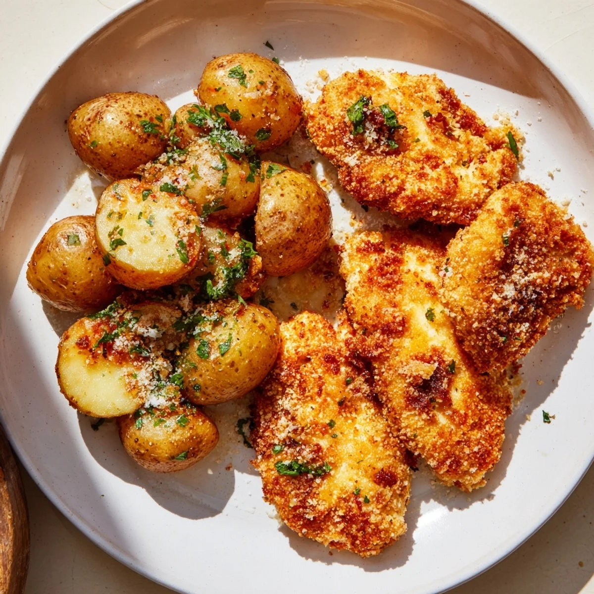 Sizzling close-up of baked Parmesan crusted chicken & potatoes showing tender chicken and browned potatoes.
