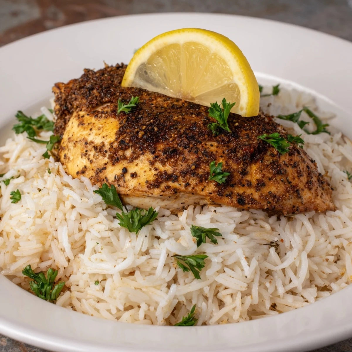 Golden-brown lemon pepper chicken breasts sit atop a bed of fluffy white rice, ready to eat.