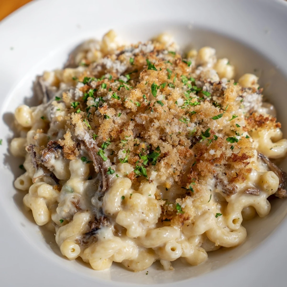 Creamy Barbecue Pulled Pork Mac and Cheese, bubbling and golden brown, ready for serving.