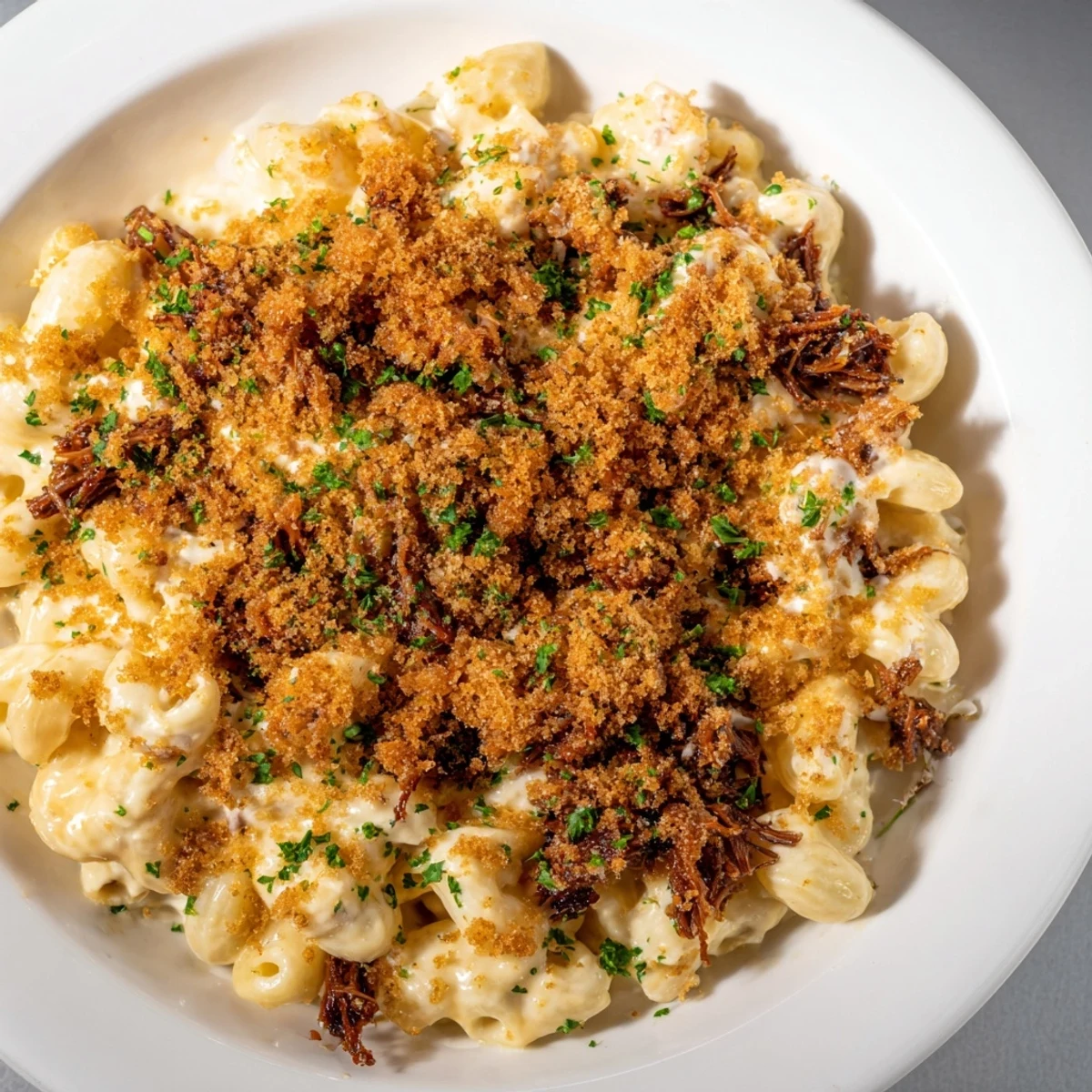 A generous dish of Barbecue Pulled Pork Mac and Cheese, a comfort food classic, with crispy topping.