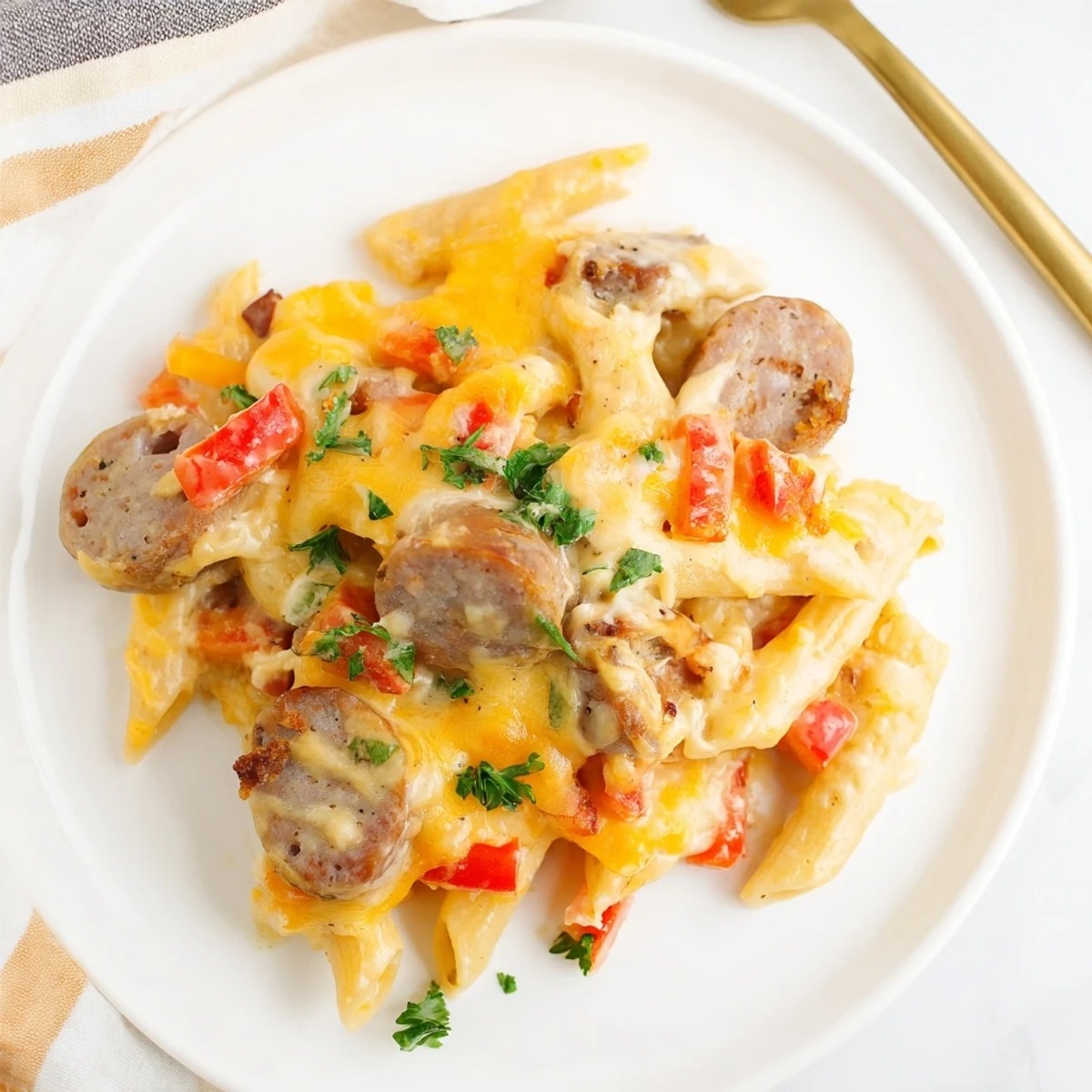 A close-up of a creamy Smoked Sausage & Cheddar Pasta Bake, with melted cheese topping the casserole.