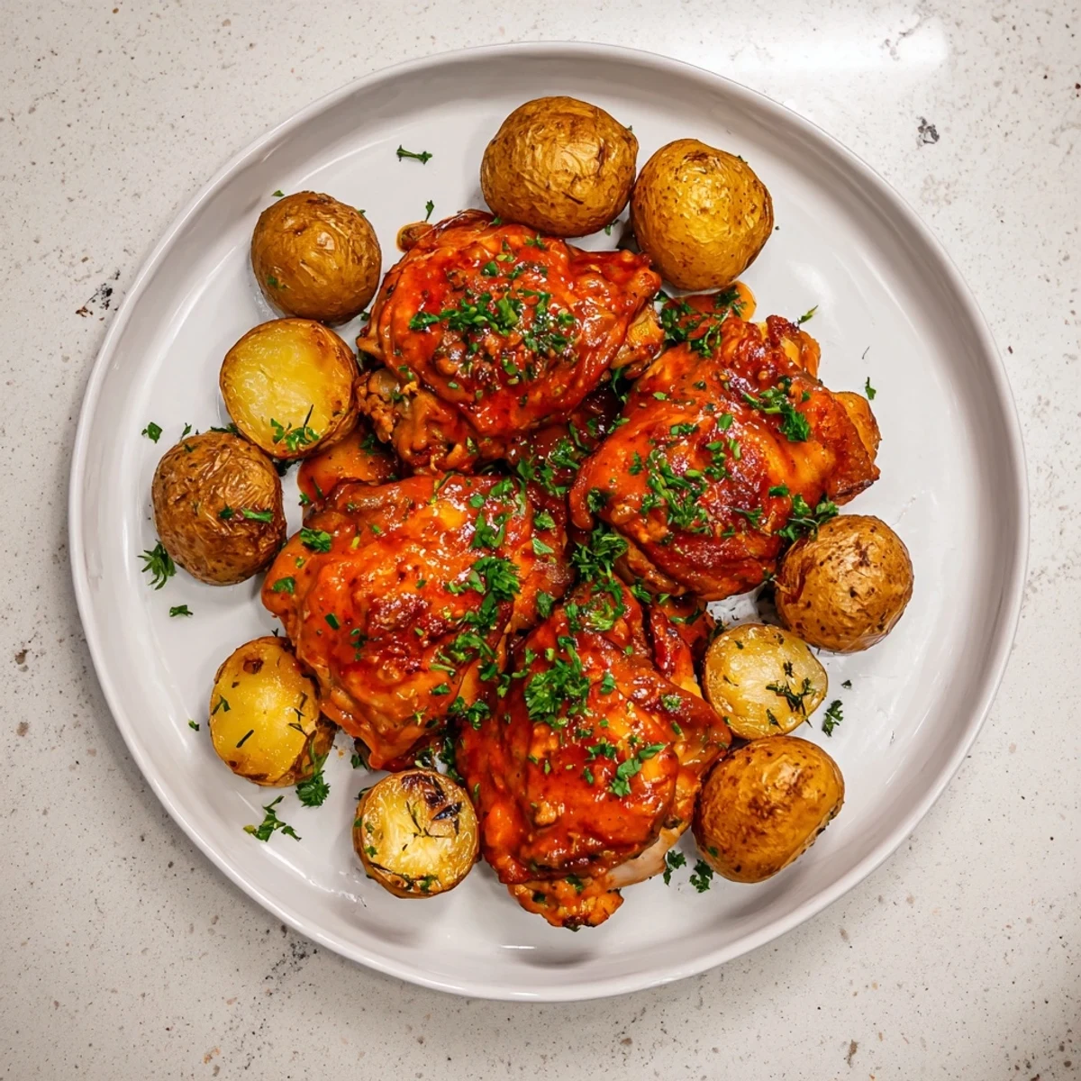 Golden, glistening Honey Mustard Chicken & Roasted Potatoes, a satisfying meal with crispy potatoes.