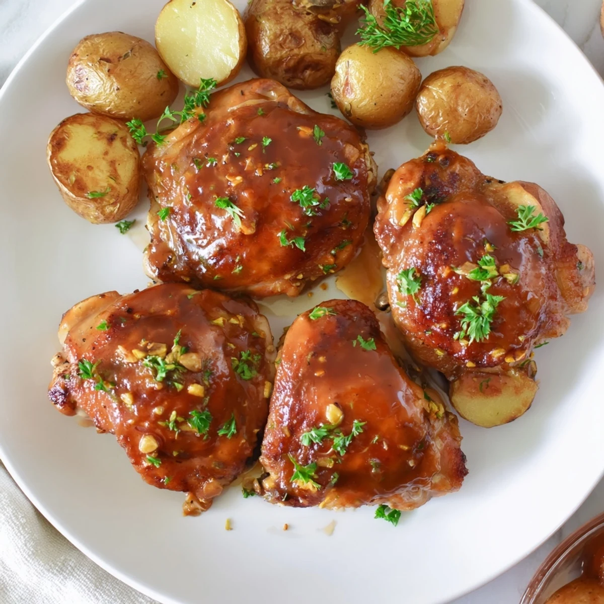 Tender Honey Mustard Chicken & Roasted Potatoes, perfectly browned and flavorful, awaiting a delicious bite.