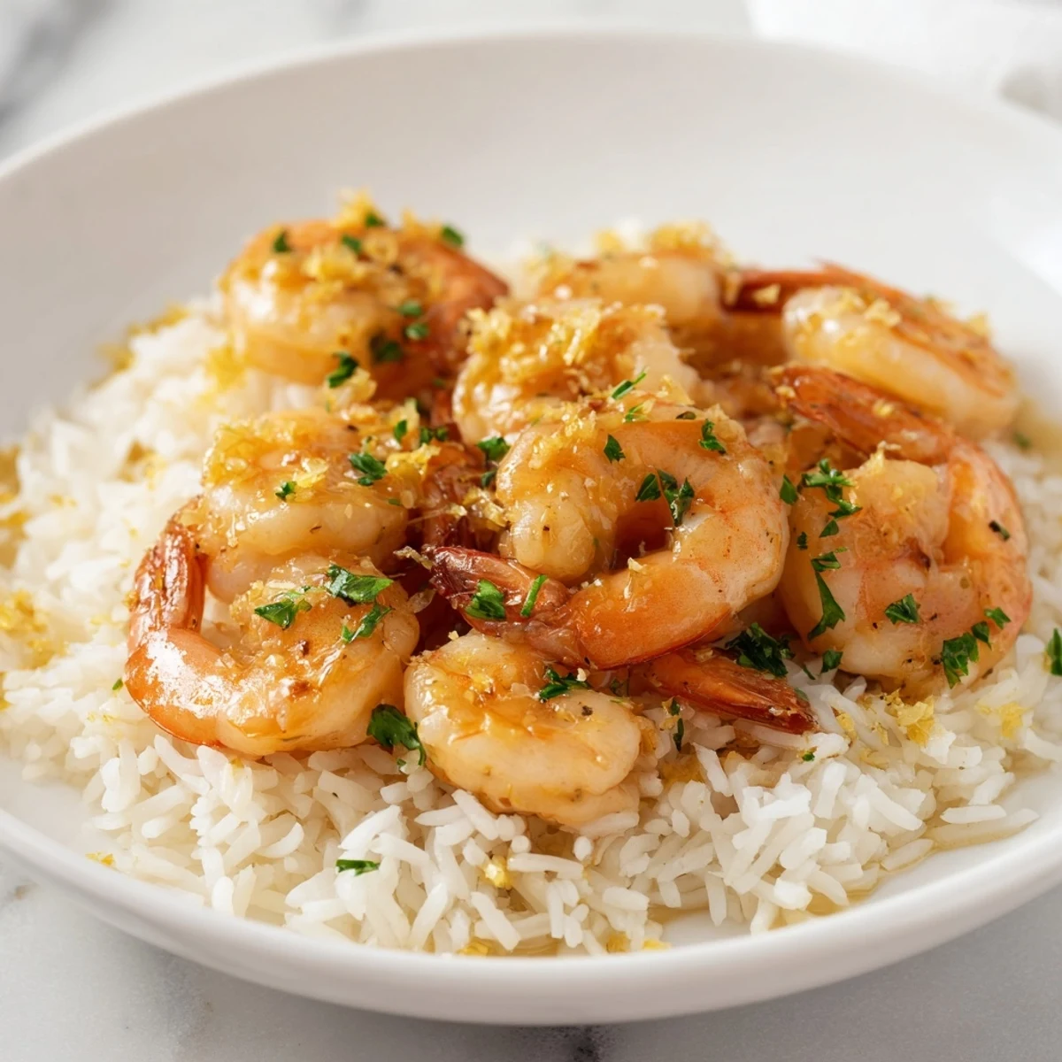 Close-up of a Garlic Butter Shrimp Rice Bowl overflowing with buttery shrimp, fluffy rice, and fresh parsley.